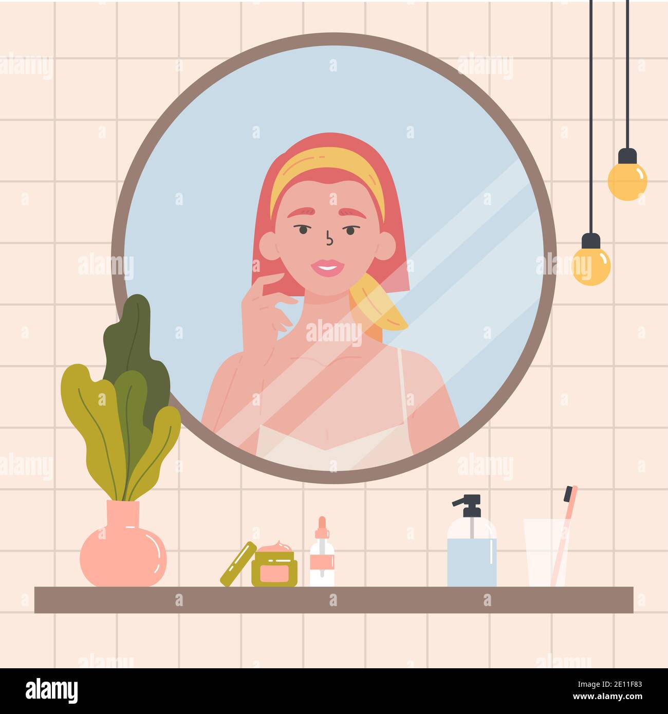 Femme à la recherche dans le miroir. Illustration de Vecteur