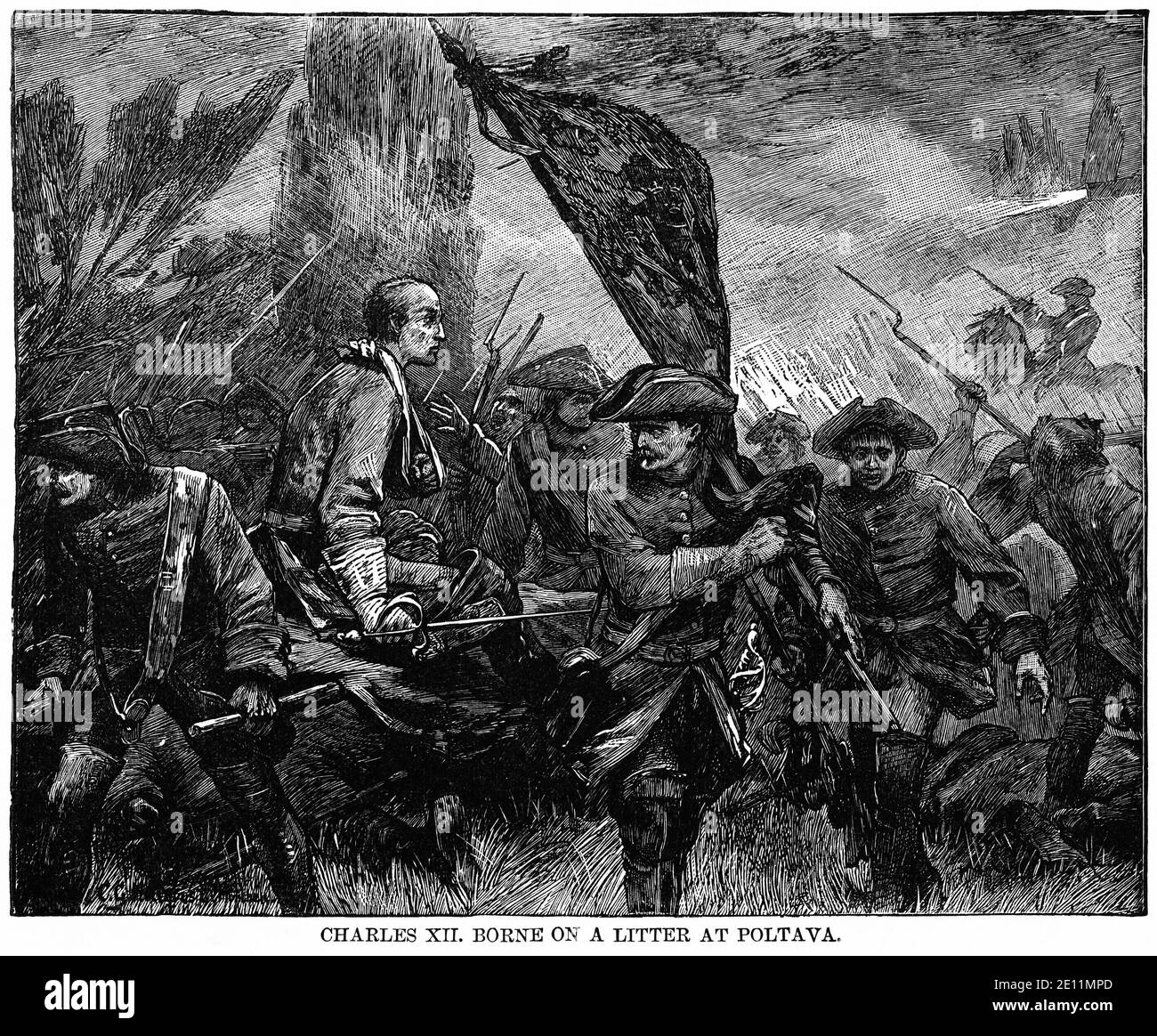 Charles XII, porté sur une portée à Poltava, illustration, Histoire du monde de Ridpath, Volume III, par John Clark Ridpath, LL. D., Merrill & Baker Publishers, New York, 1897 Banque D'Images