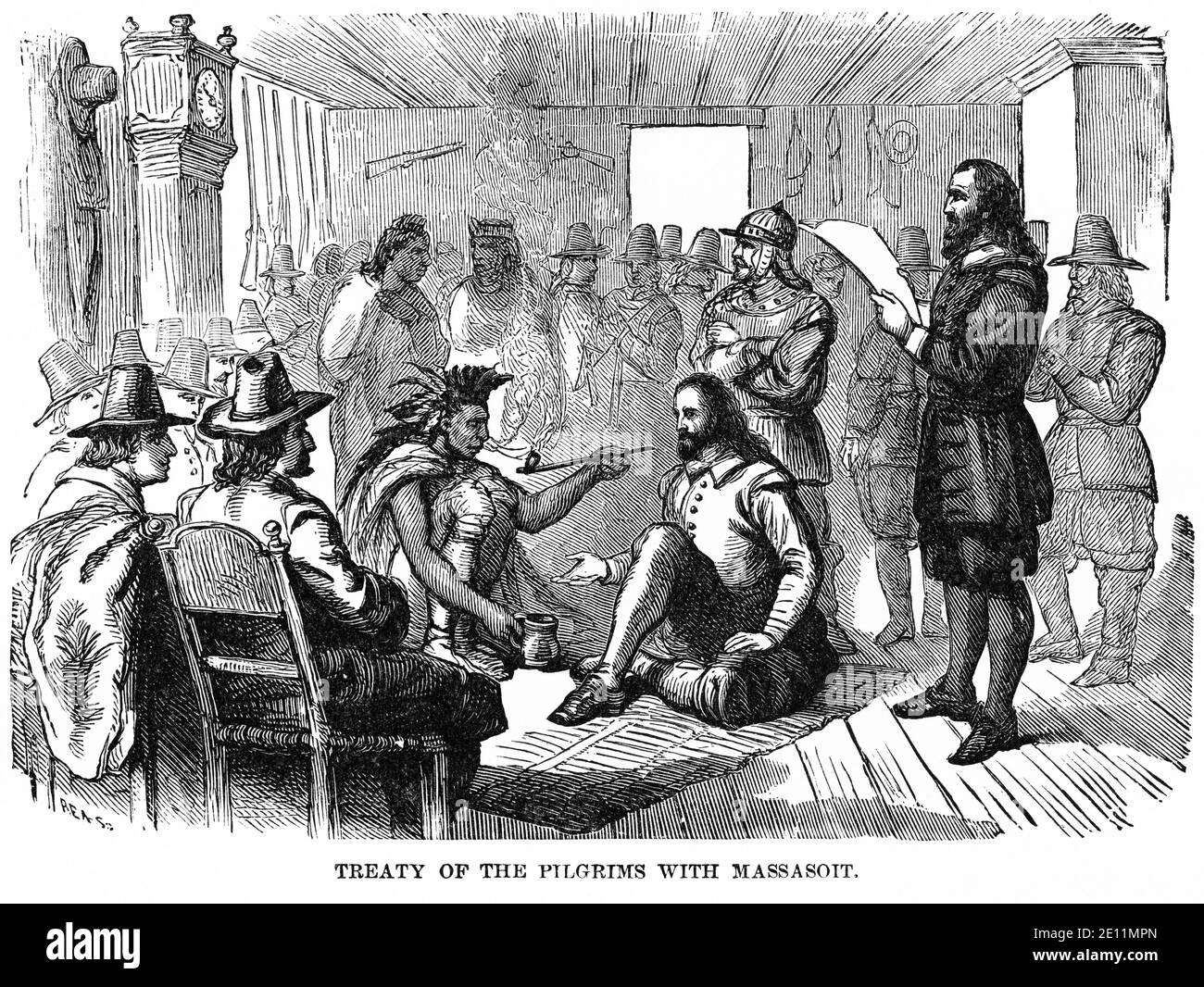 Traité des pèlerins avec Massasoit, illustration, Histoire du monde de Ridpath, Volume III, par John Clark Ridpath, LL. D., Merrill & Baker Publishers, New York, 1897 Banque D'Images