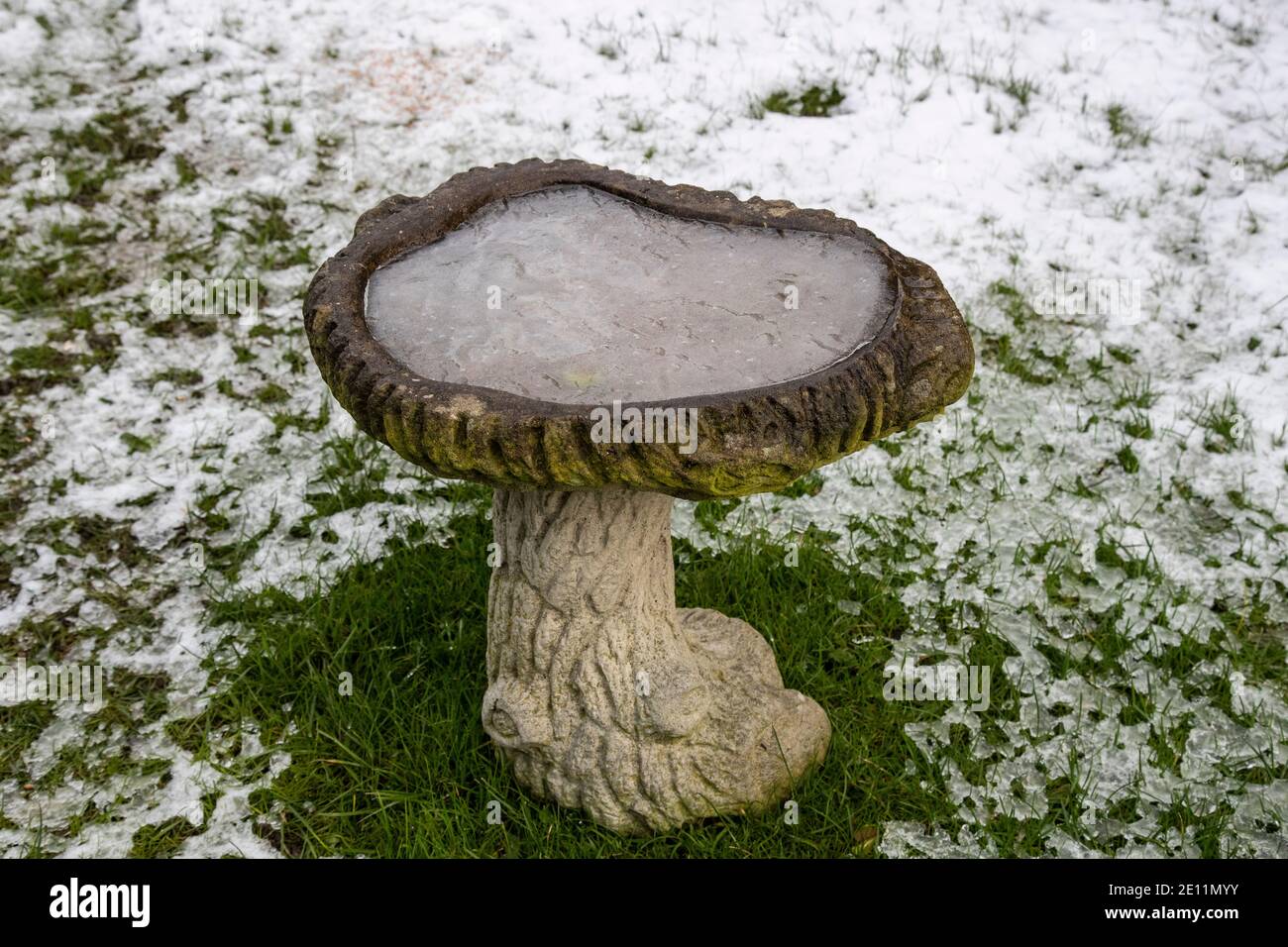 Un bain d'oiseau de jardin en pierre dans un jardin résidentiel avec l'eau gelée solide suite à un gel dur. Banque D'Images