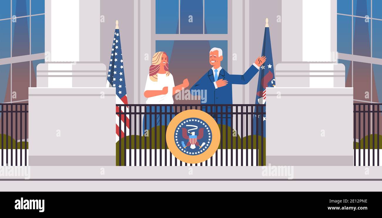Démocrate vainqueur de l'élection présidentielle américaine homme président debout Avec la première dame sur le balcon blanc maison USA jour d'inauguration illustration vectorielle horizontale pleine longueur Illustration de Vecteur