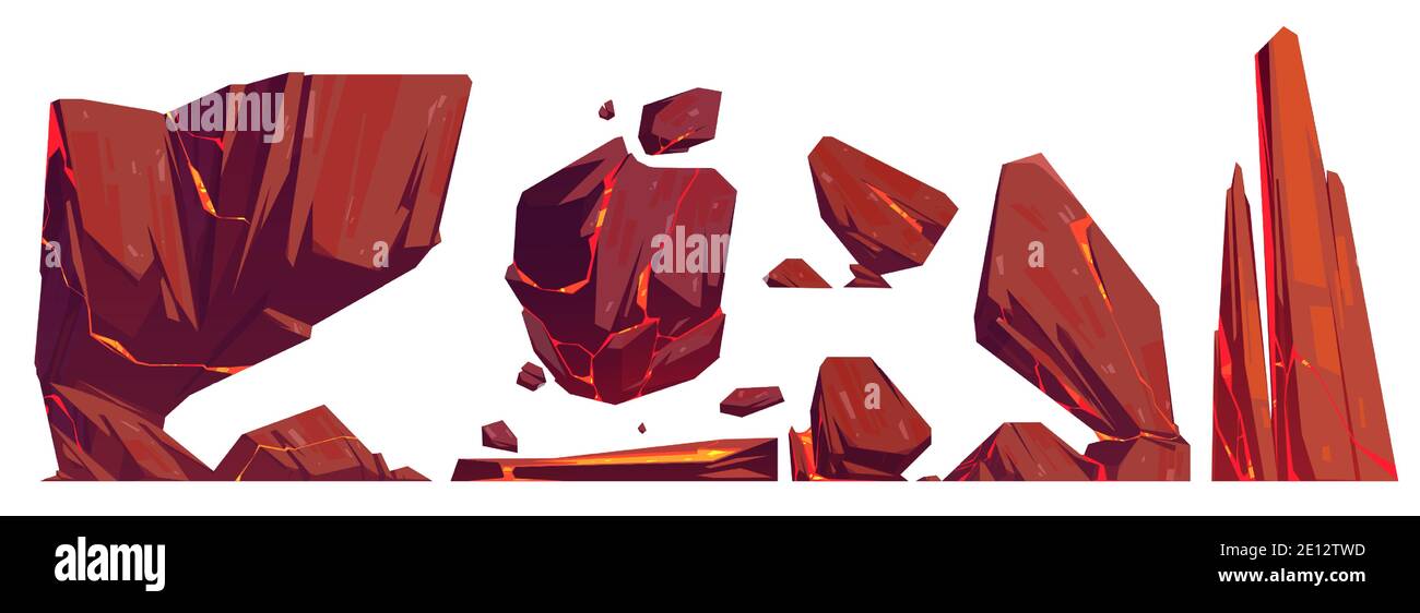 Roches et pierres avec lave luisant dans les fissures, texture de montagne, éléments de nature, matériaux géologiques ou formation de jeu pc. Éruption volcanique isolée sur fond blanc. Illustration vectorielle de dessin animé Illustration de Vecteur