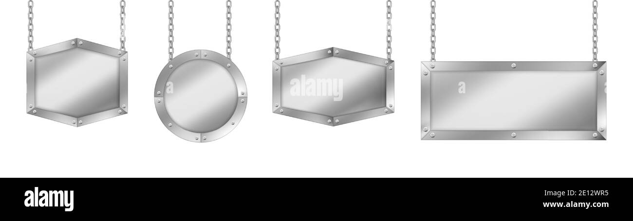 Enseignes en métal de formes différentes, planche avec cadre en acier accroché à des chaînes. Vector Realistic ensemble de panneaux d'argent vierges, bannières publicitaires avec rivets isolés sur fond blanc Illustration de Vecteur