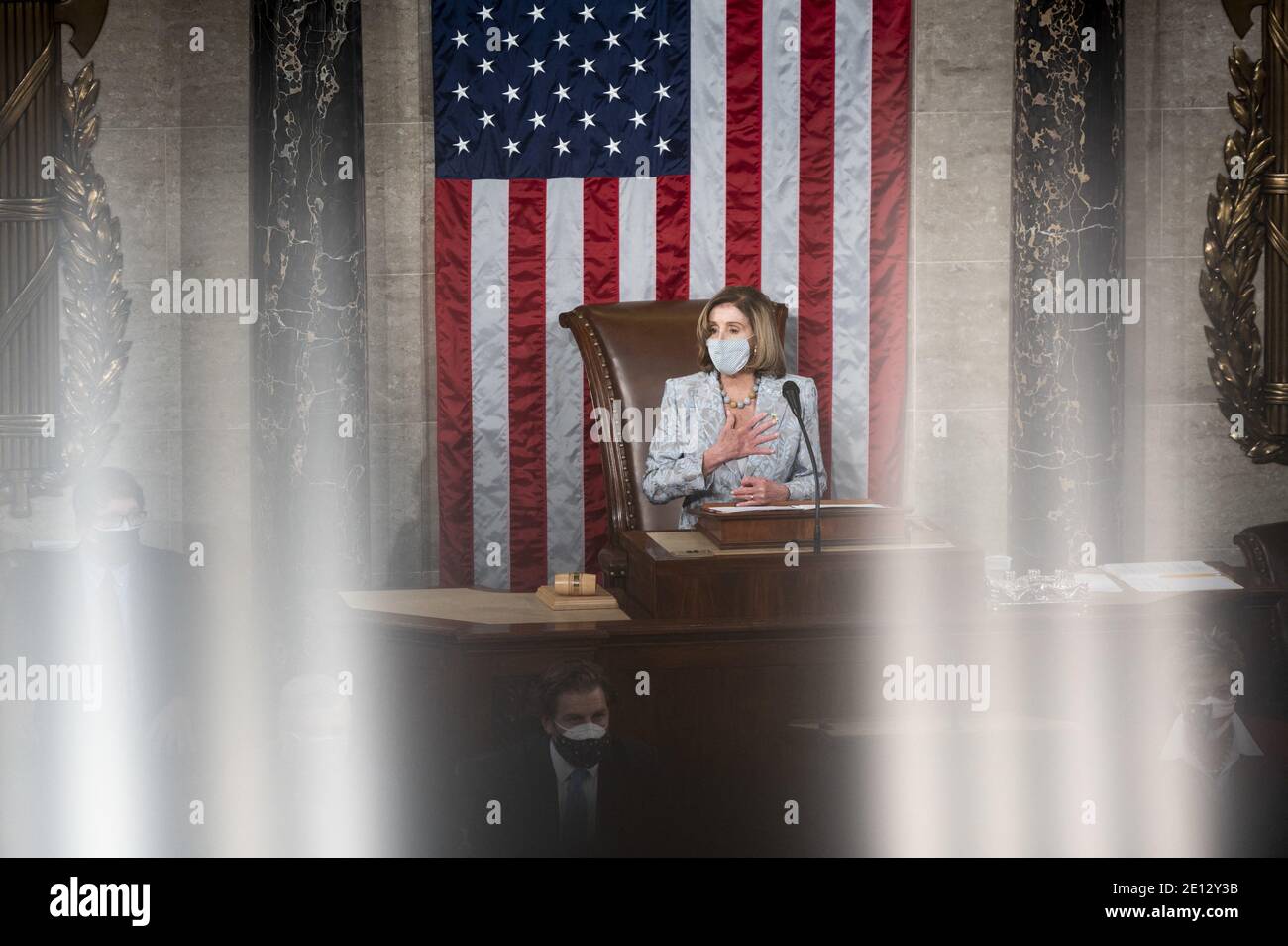 Présidente de la Chambre Nancy Pelosi, D-Californie, parle à l'étage de la Chambre au Capitole après être devenue présidente du 117e Congrès le dimanche 3 janvier 2021. Photo de Bill Clark/Pool/ABACAPRESS.COM Banque D'Images