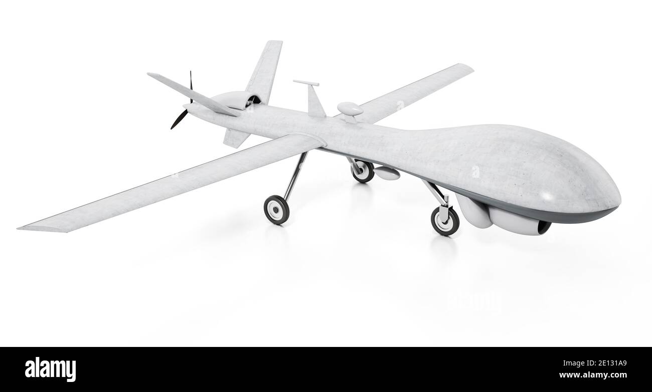 Drone militaire blanc sans pilote isolé sur fond blanc. Illustration 3D. Banque D'Images