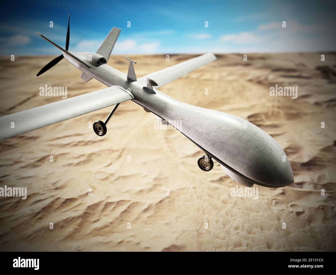 Un drone militaire blanc sans pilote dans les airs. Illustration 3D. Banque D'Images