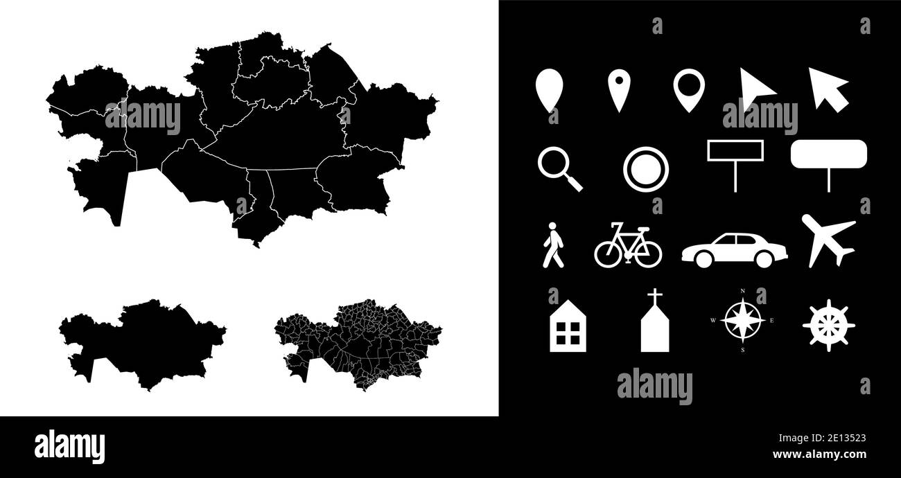 Carte des régions administratives du Kazakhstan départements avec icônes. Carte emplacement PIN, flèche, verre regardant, panneau, homme, vélo, voiture, avion, maison Illustration de Vecteur