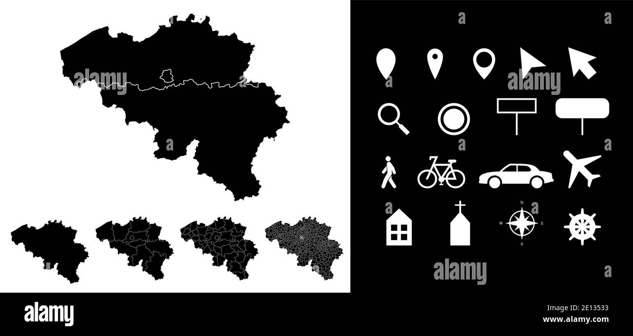 Carte des régions administratives de Belgique départements avec icônes. Carte emplacement PIN, flèche, verre, panneau, homme, vélo, voiture, avion, maison, c Illustration de Vecteur