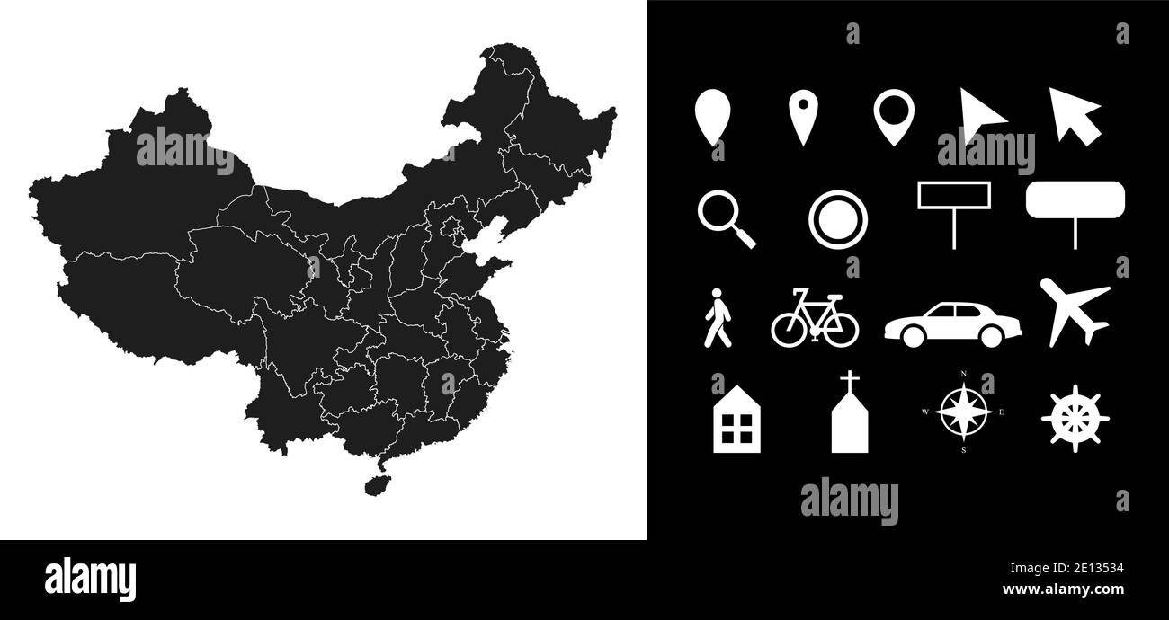 Carte des régions administratives de la Chine départements avec icônes. Carte emplacement PIN, flèche, verre regardant, panneau, homme, vélo, voiture, avion, maison. Roy Illustration de Vecteur