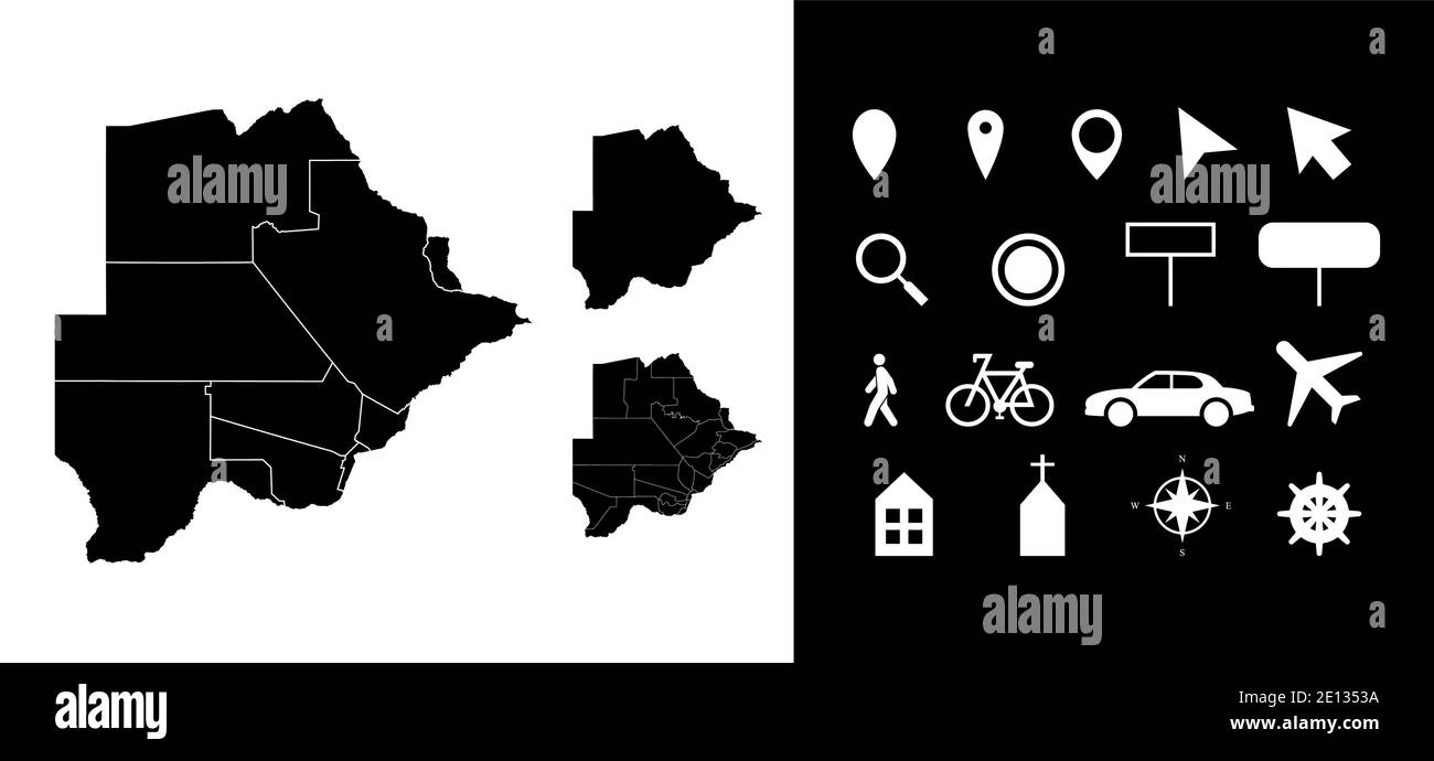 Carte des régions administratives du Botswana départements avec icônes. Carte emplacement PIN, flèche, verre regardant, panneau, homme, vélo, voiture, avion, maison. Illustration de Vecteur