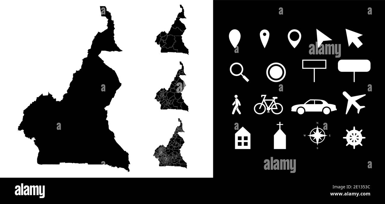 Carte des régions administratives du Cameroun départements avec icônes. Carte emplacement PIN, flèche, verre regardant, panneau, homme, vélo, voiture, avion, maison. Illustration de Vecteur