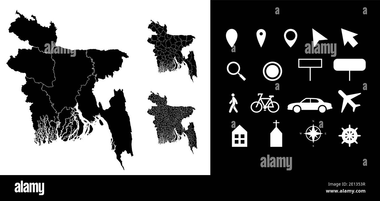 Carte des régions administratives du Bangladesh départements avec icônes. Carte emplacement PIN, flèche, verre regardant, panneau, homme, vélo, voiture, avion, maison Illustration de Vecteur