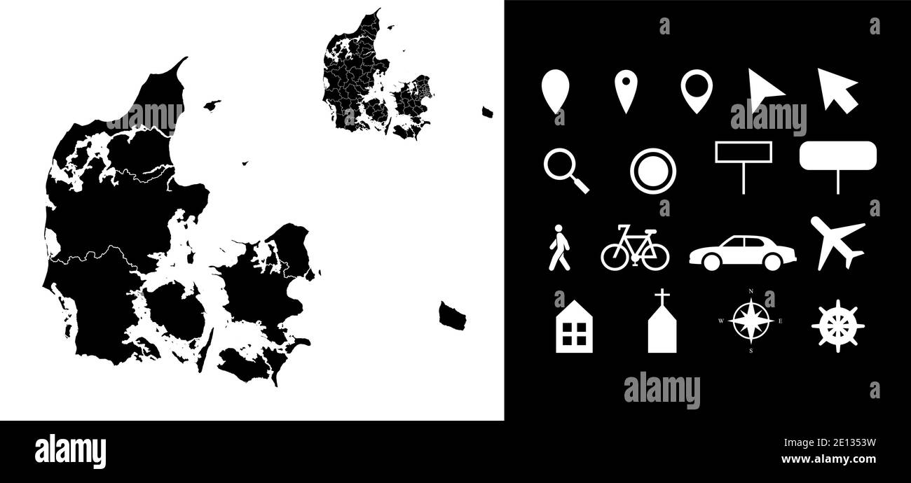 Carte des régions administratives du Danemark départements avec icônes. Carte emplacement PIN, flèche, verre regardant, panneau, homme, vélo, voiture, avion, maison. R Illustration de Vecteur