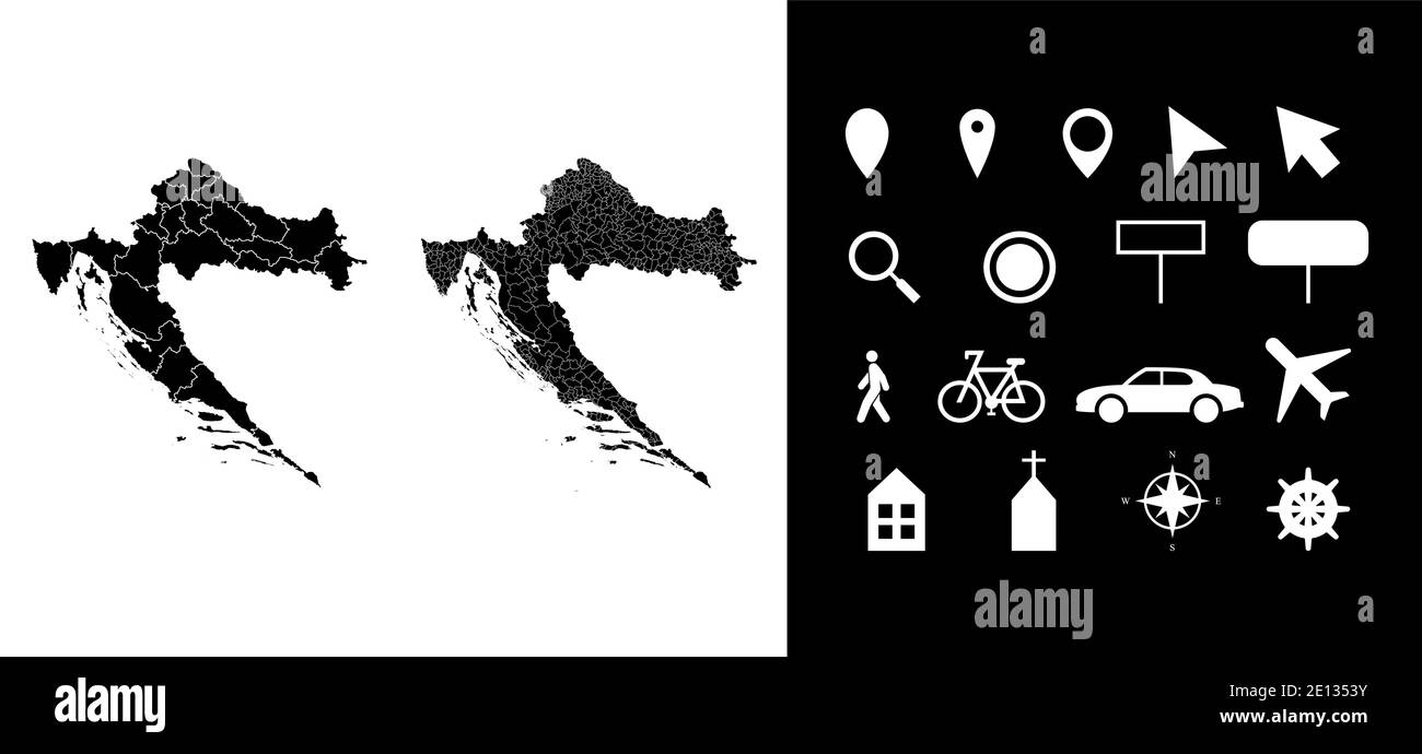 Carte des régions administratives de Croatie départements avec icônes. Carte emplacement PIN, flèche, verre regardant, panneau, homme, vélo, voiture, avion, maison. R Illustration de Vecteur