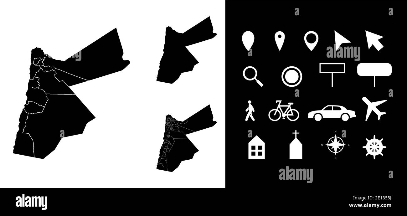 Carte des régions administratives de Jordanie départements avec icônes. Carte emplacement PIN, flèche, verre regardant, panneau, homme, vélo, voiture, avion, maison. RO Illustration de Vecteur
