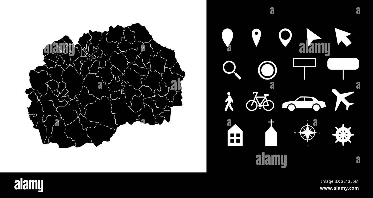 Carte des régions administratives de Macédoine départements avec icônes. Carte emplacement PIN, flèche, verre regardant, panneau, homme, vélo, voiture, avion, maison. Illustration de Vecteur