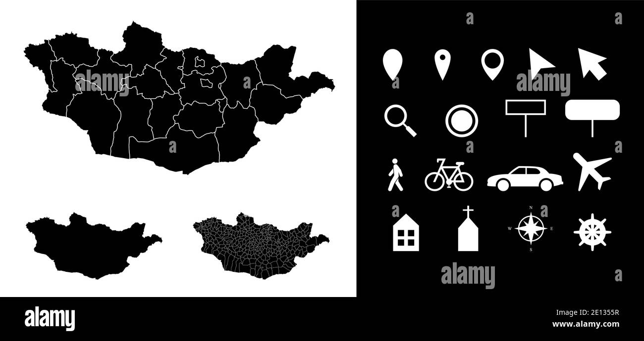 Carte des régions administratives de Mongolie départements avec icônes. Carte emplacement PIN, flèche, verre regardant, panneau, homme, vélo, voiture, avion, maison. Illustration de Vecteur
