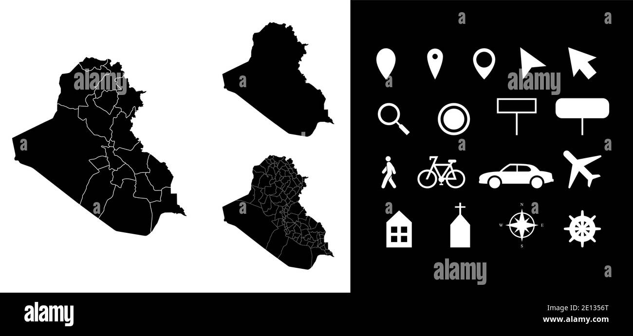 Carte des régions administratives de l'Iraq départements avec icônes. Carte emplacement PIN, flèche, verre regardant, panneau, homme, vélo, voiture, avion, maison. Roya Illustration de Vecteur