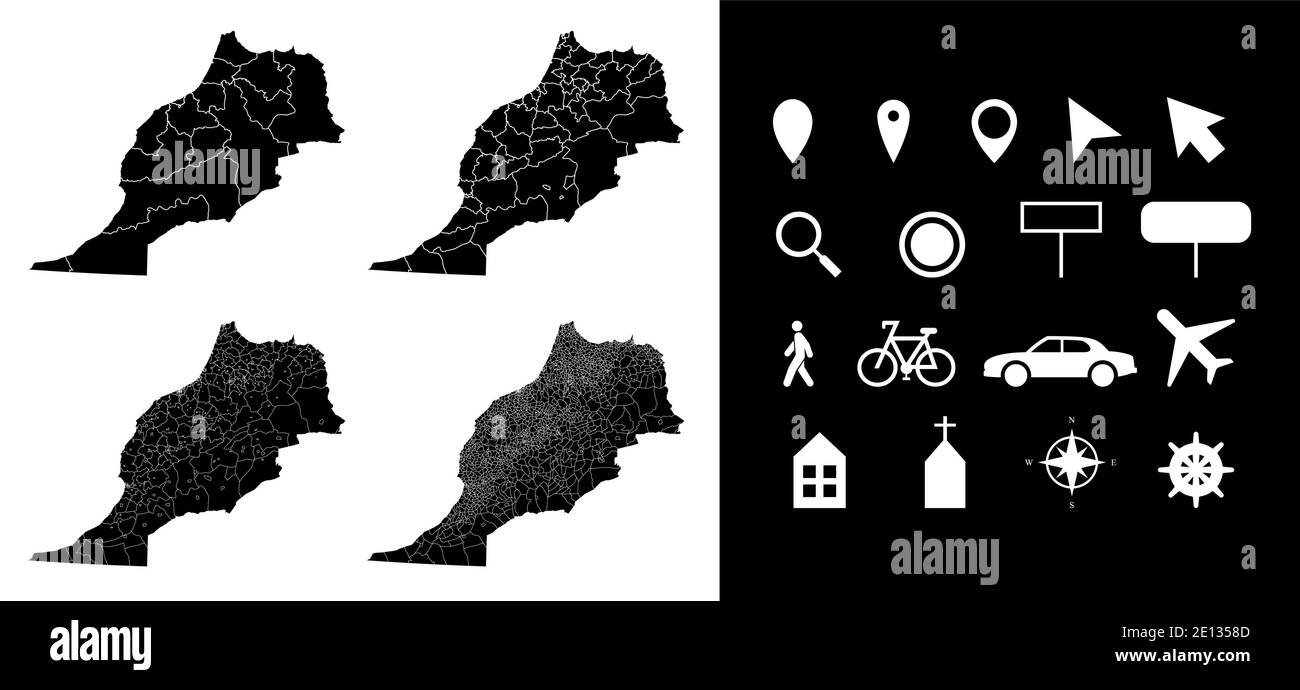 Carte des régions administratives du Maroc départements avec icônes. Carte emplacement PIN, flèche, verre regardant, panneau, homme, vélo, voiture, avion, maison. R Illustration de Vecteur
