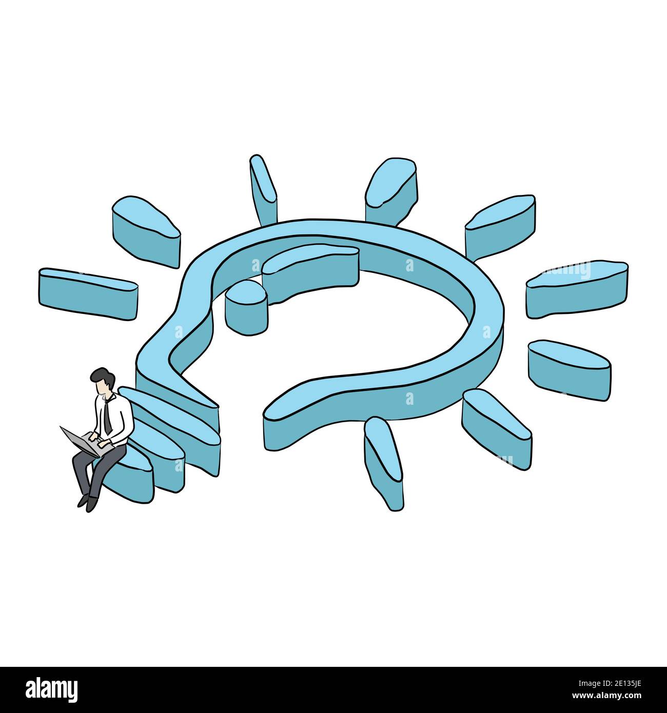 homme d'affaires utilisant un ordinateur portable sur une grande ampoule isométrique bleue illustration vectorielle dessinée à la main. Illustration de Vecteur
