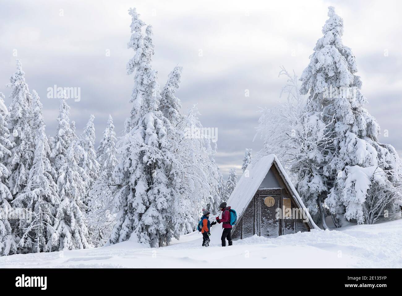 Mère et fils buvant du thé de thermos ballon dans une cabane en bois dans la neige paysage alpin pittoresque en hiver, Kope, Crni vrh, Slovénie Banque D'Images