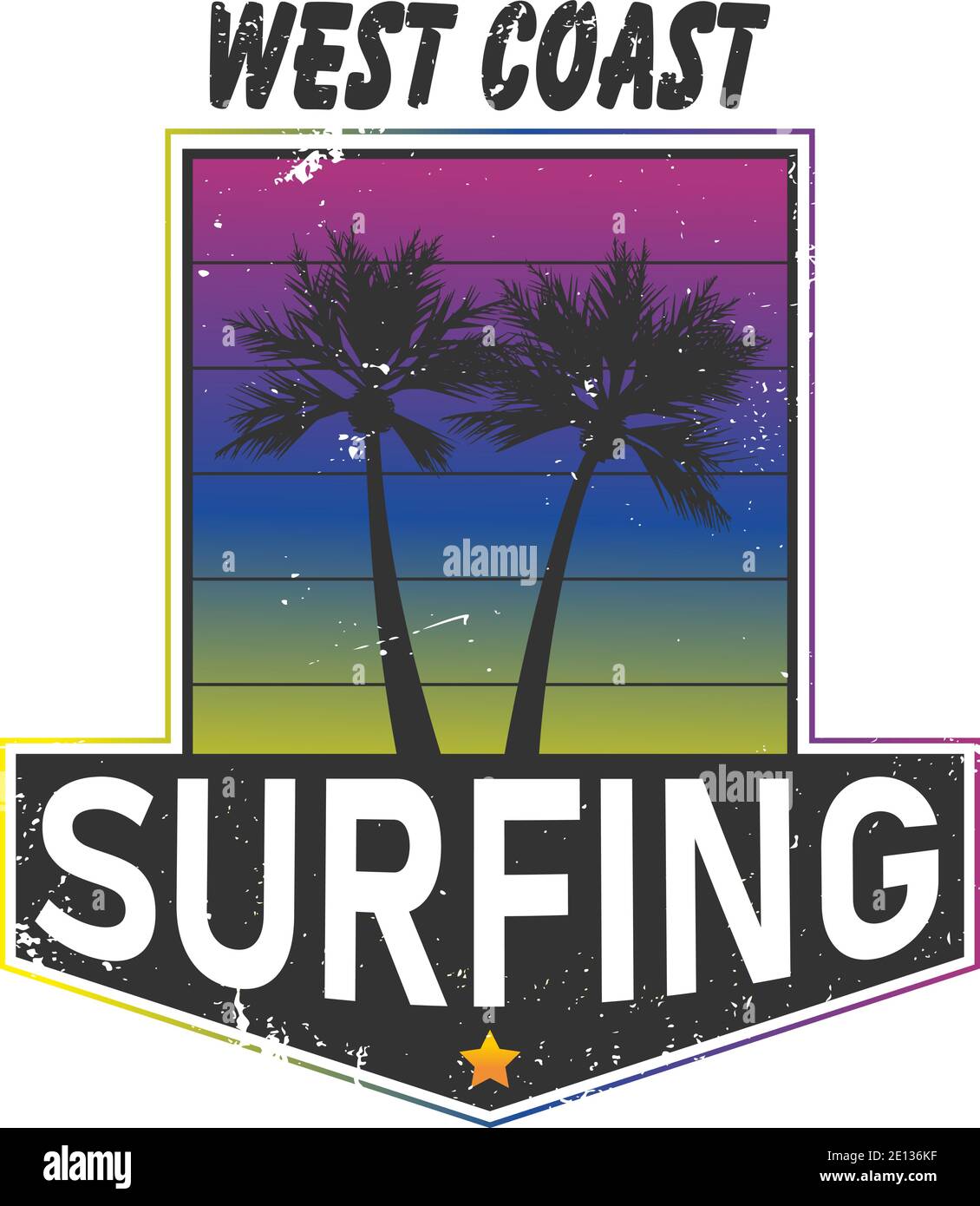 Étiquette de surf vintage. Logo des surfeurs de la côte ouest de la Californie. Illustration vectorielle pour la conception de planches de surf avec dégradé moderne. Illustration de Vecteur