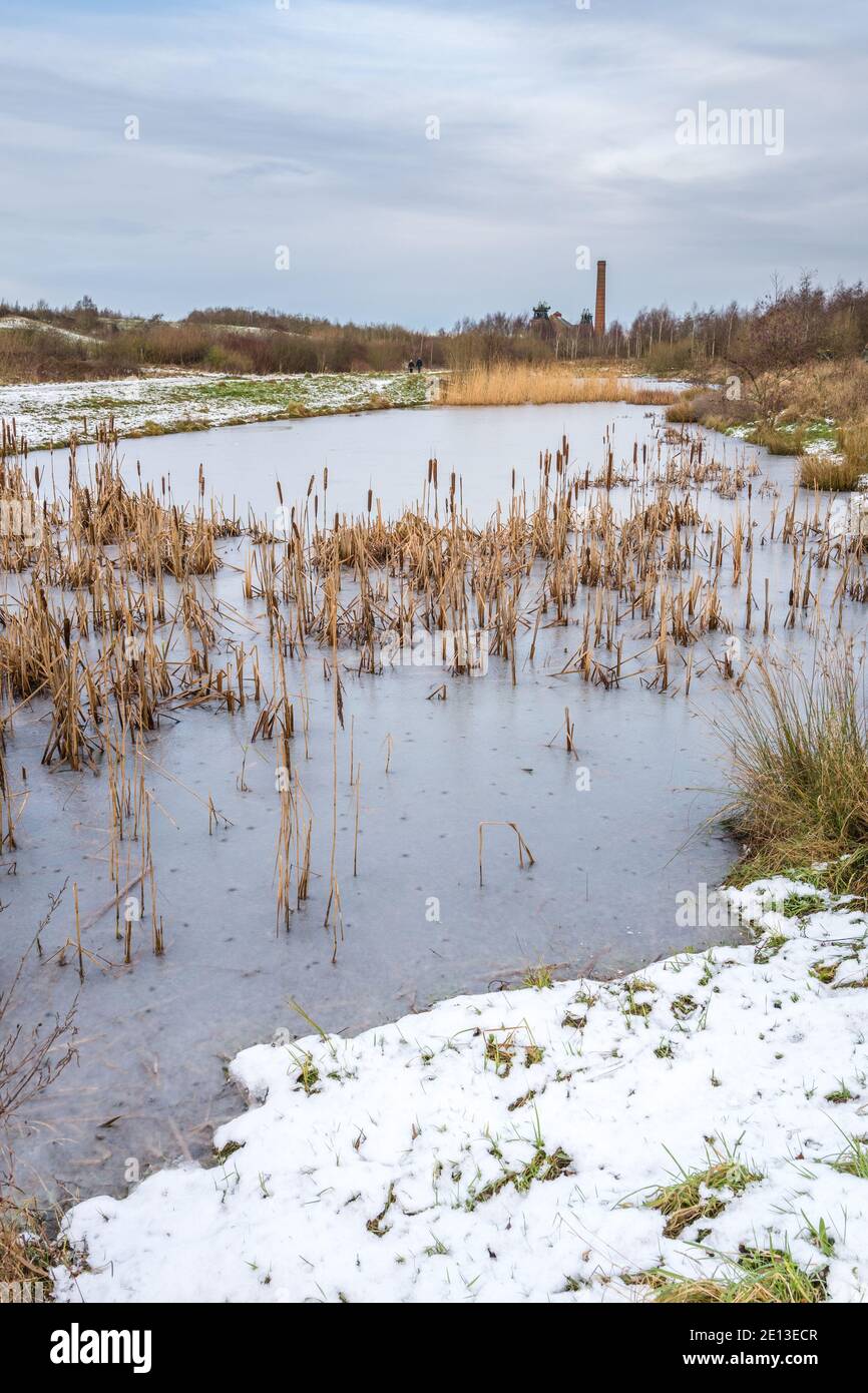 Lac enneigé et gelé sur le site de la collierie redondante de Pleasley. Banque D'Images