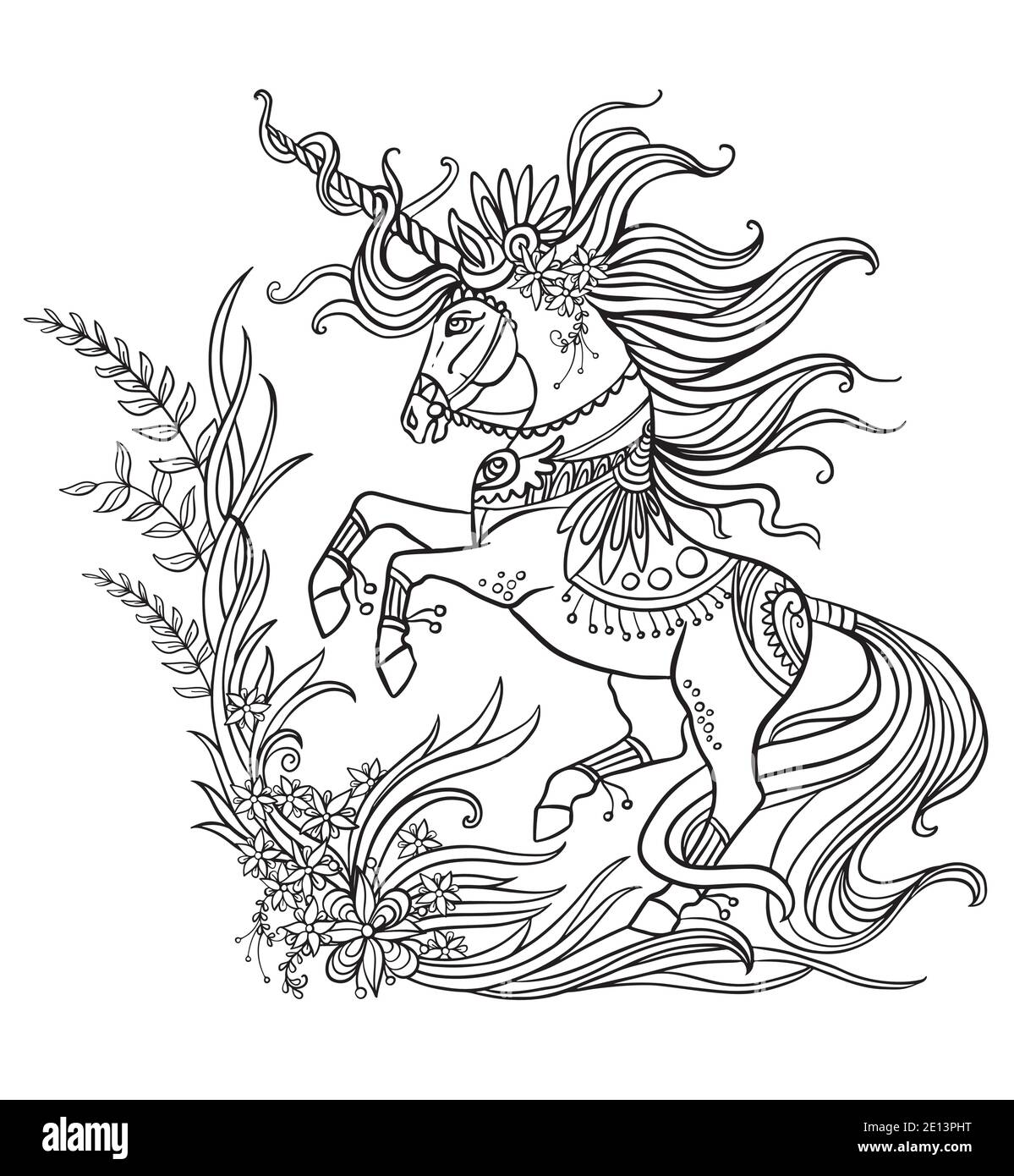 Dessin d'une licorne isolée avec un long style de nœud de manie pour adultes coloriage livre, tatouage, t-shirt design, logo, signe. Illustration stylisée du cheval unico Illustration de Vecteur