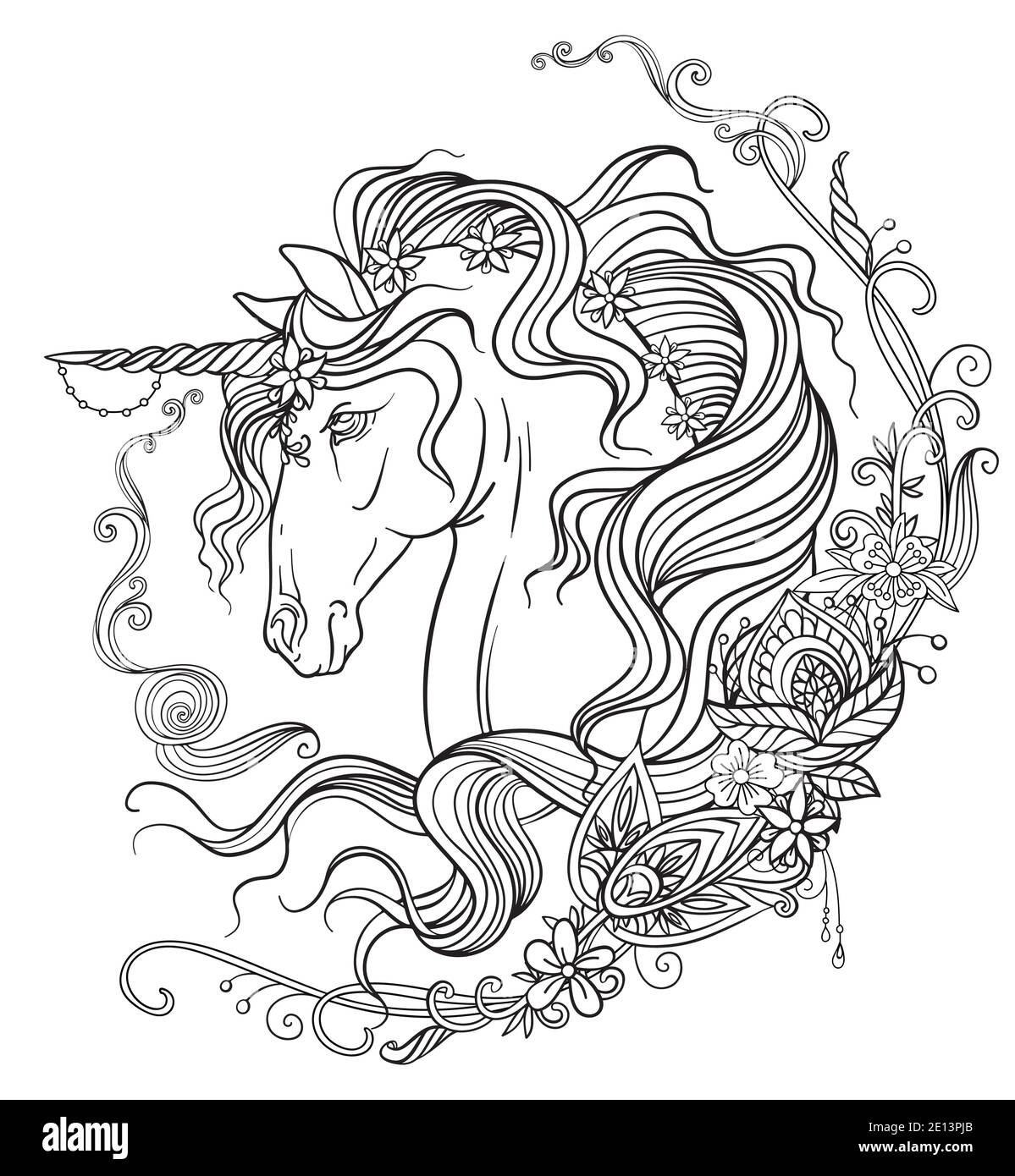 licorne isolée à dessin à la main avec une longue composition en forme de mangue et de fleur. Style enchevêtrement pour livre de coloriage pour adultes, tatouage, motif t-shirt, logo. Illu stylisé Illustration de Vecteur