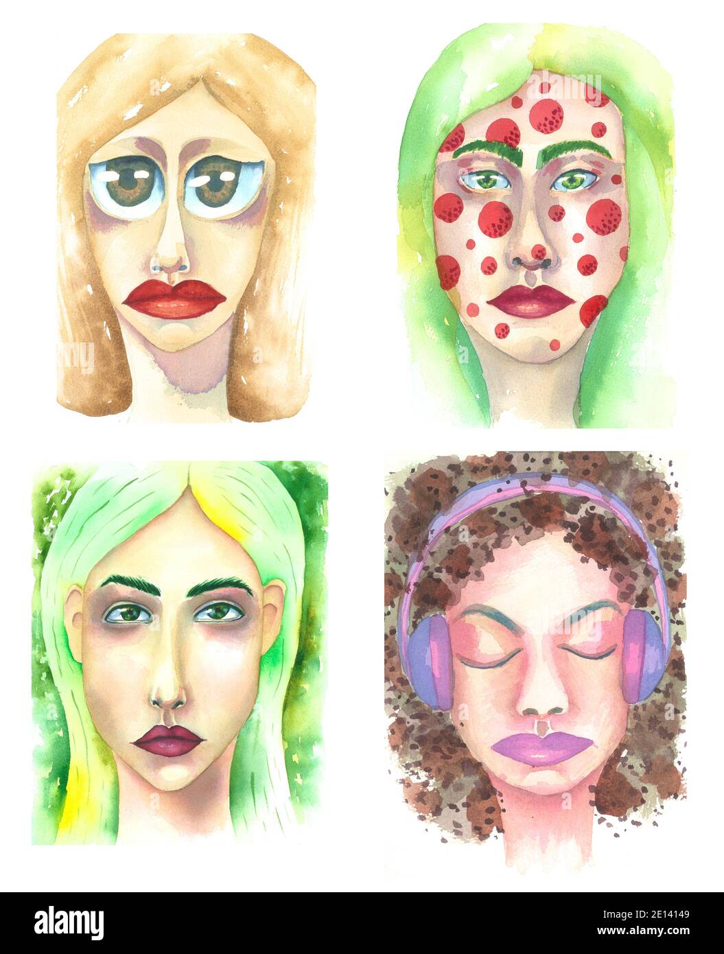 Ensemble de 4 visages de femme aquarelle pour votre conception. Collection de différents portraits, icônes stylisées de femmes. Banque D'Images