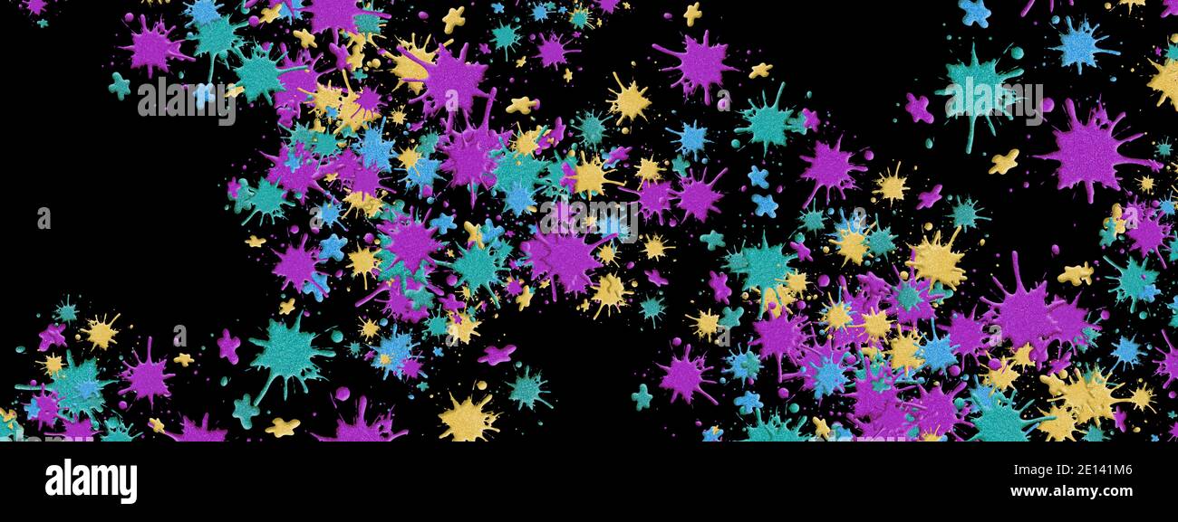 L'illustration d'arrière-plan de la bannière présente une peinture pailletée dorée, bleue, violette et verte sur fond noir. Banque D'Images