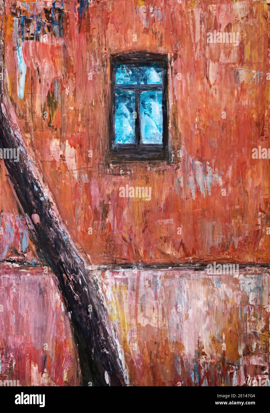 Mur, arbre, fenêtre. Peinture à la gouache sur carton Banque D'Images