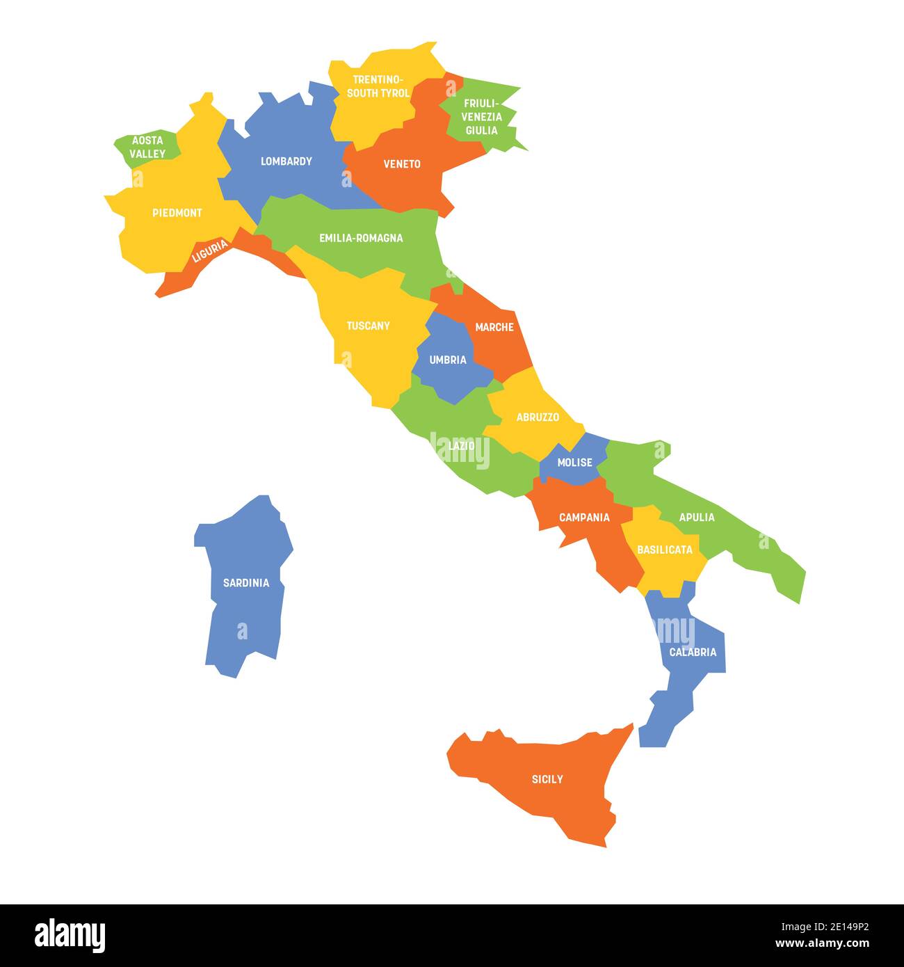 Carte colorée de l'Italie divisée en 20 régions administratives. Étiquettes blanches. Illustration simple à vecteur plat. Illustration de Vecteur