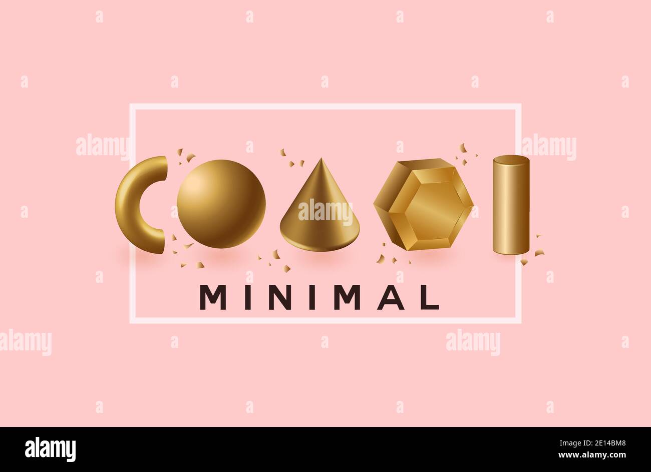 Formes géométriques dorées sur fond rose. Boule avec pyramide et polygone moderne. Illustration de Vecteur