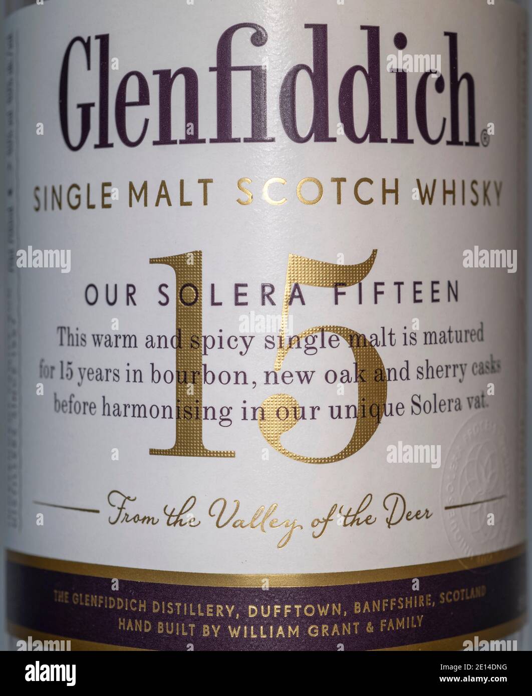 Glenfiddich 15 ans Solera single malt étiquette Scotch Whisky gros plan Banque D'Images
