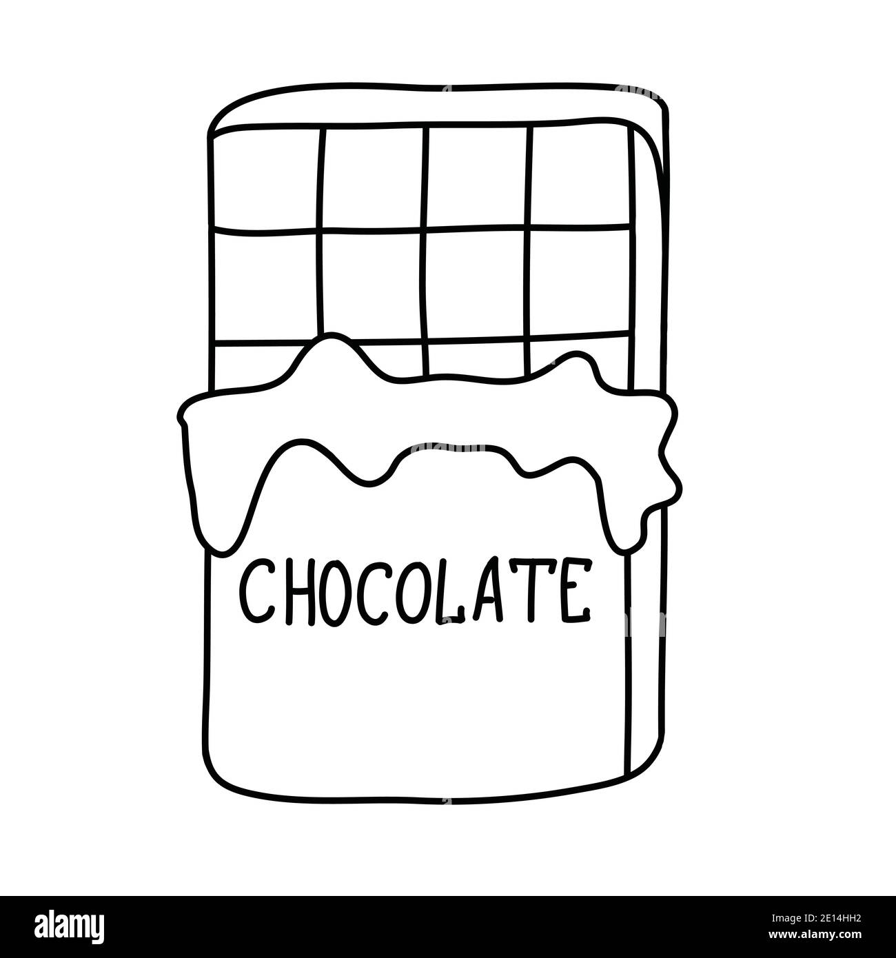 Barre de chocolat à moitié enveloppée dans du papier d'aluminium, chocolat moulé rectangulaire avec lettrage, dessin à la main de l'illustration vectorielle de l'oedle Illustration de Vecteur