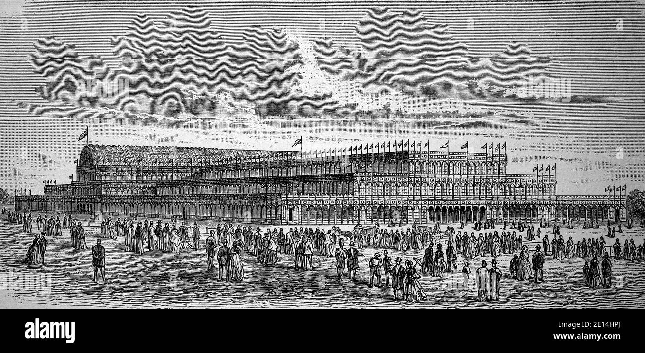 Crystal Palace of the first World's Fair à Londres, Angleterre, en 1851 / Kristallpalast der ersten Weltausstellung zu London, Angleterre, im Jahre 1851, Historisch, historique, numérique reproduction améliorée d'un original du 19ème siècle / digitale Reproduktion einer Originalvorlage aus dem 19. Jahrhundert, Banque D'Images