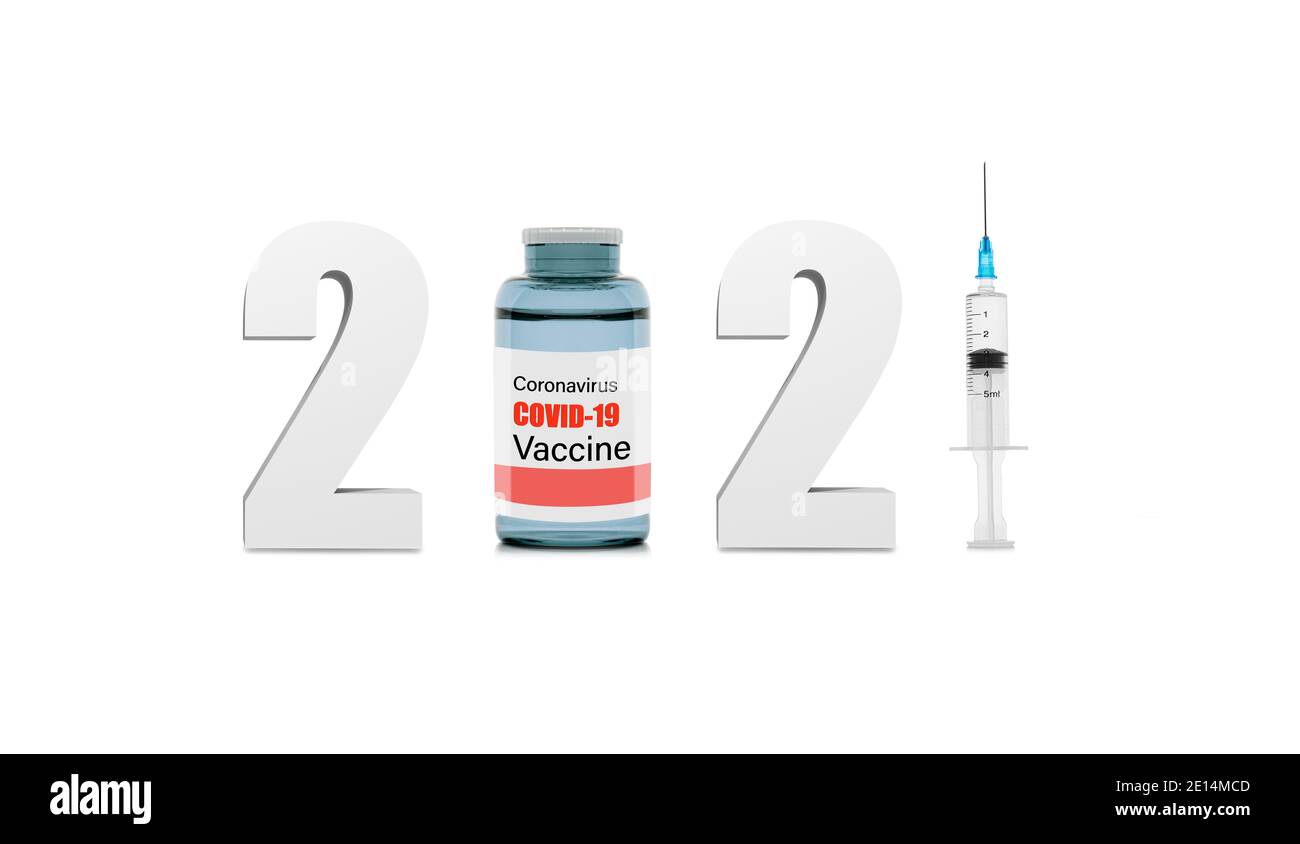 Numéros 2021 avec vaccin et seringue au lieu des numéros. Pandémie Covid-19 en 2021. Concept de coronavirus. Banque D'Images