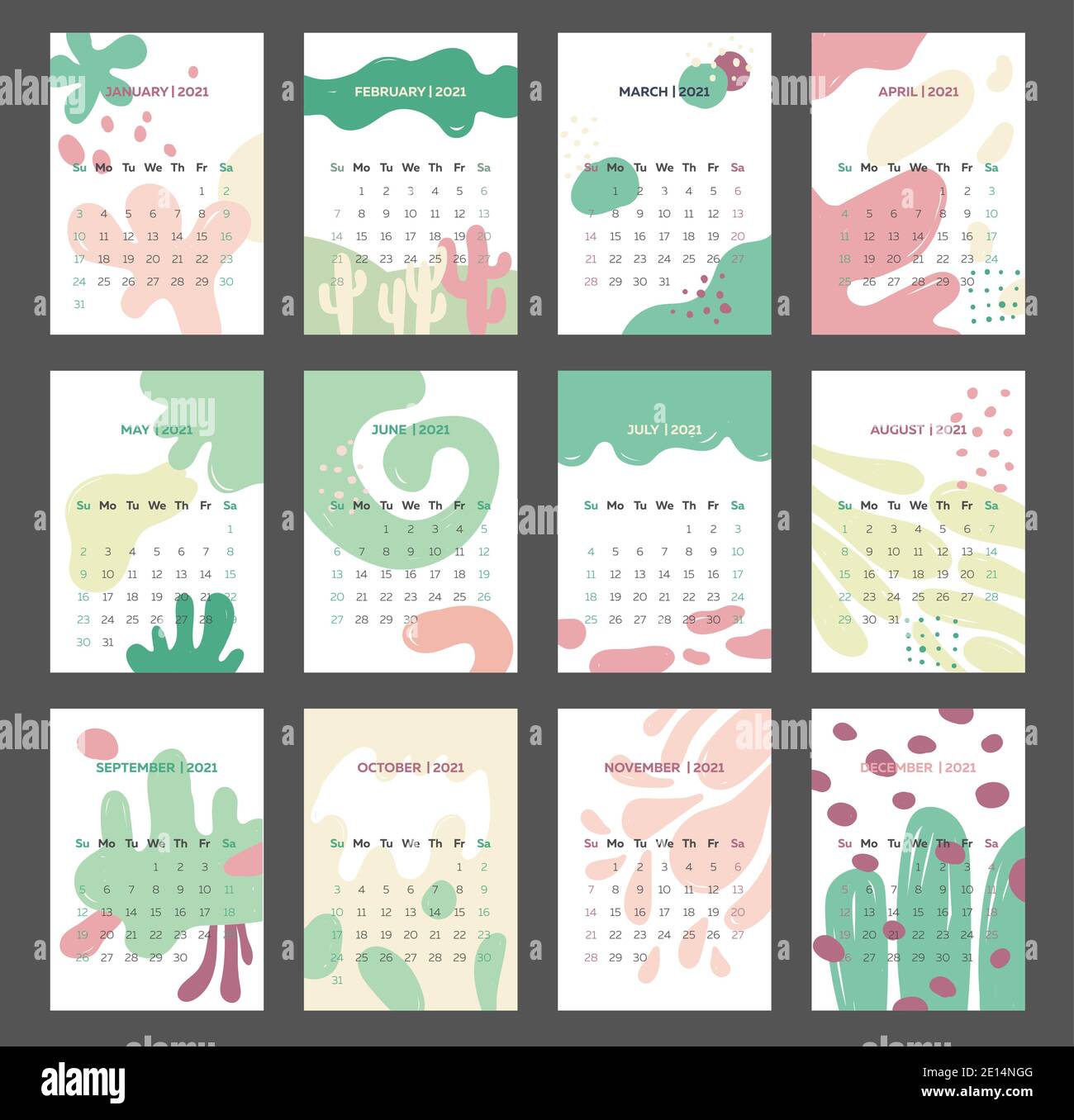 Le modèle de calendrier 2021 avec des dessins dessinés à la main Illustration de Vecteur