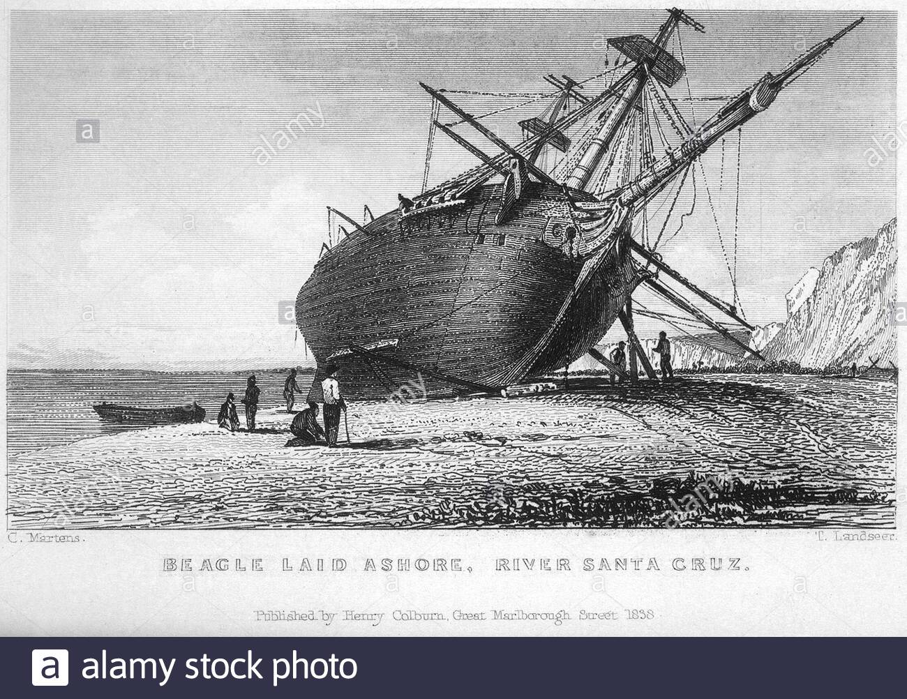 HMS Beagle a posé à terre pour des réparations, River Santa Cruz, illustration ancienne de 1838 Banque D'Images