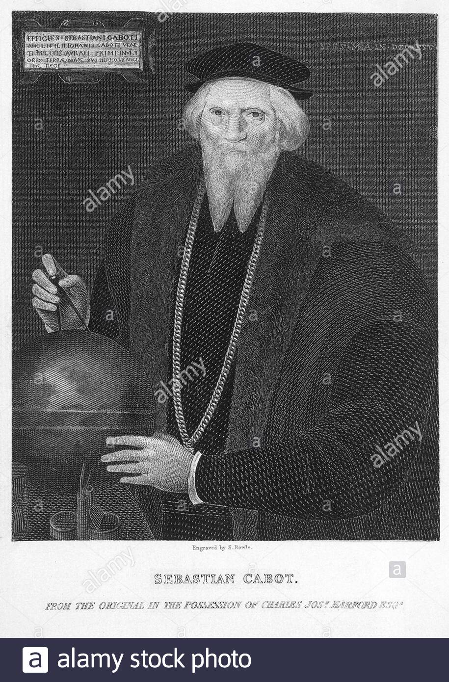 Sebastian Cabot portrait, 1474 – 1557, est un explorateur et cartographe vénitien, gravure ancienne publiée en 1869. D'un original de Hans Holbien. Banque D'Images