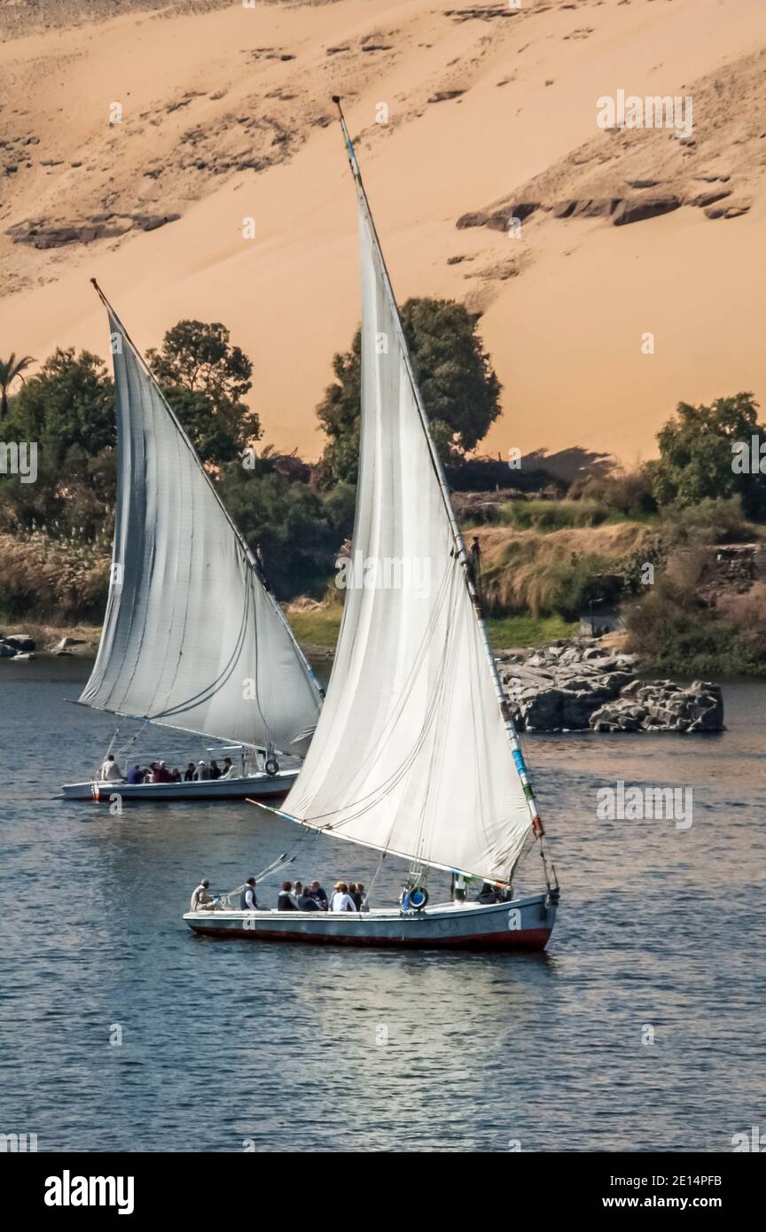 Des bateaux à voile paisibles de Felucca sur le Nil dans l'ancienne ville égyptienne d'Assouan, anciennement connue sous le nom de ville nubienne, regardant vers le site de sépulture et les tombes des Nobles et le mausolée à flanc de colline de l'Aga Khan. La région est importante car elle était un poste de transit pour l'armée britannique qui passait par l'Égypte au Soudan d'où Lord Kitchener a rétabli la paix dans la région. Pour cela, il a été doué de la terre connue sous le nom de Kitcheners Island que Lord Kitchener a transformée en l'un des premiers jardins botaniques au monde Banque D'Images