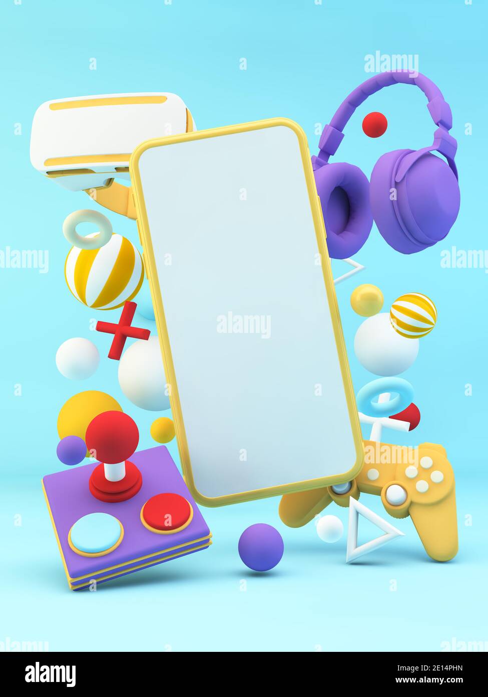 Maquette de téléphone mobile entourée de matériel de jeu rendu 3d Banque D'Images
