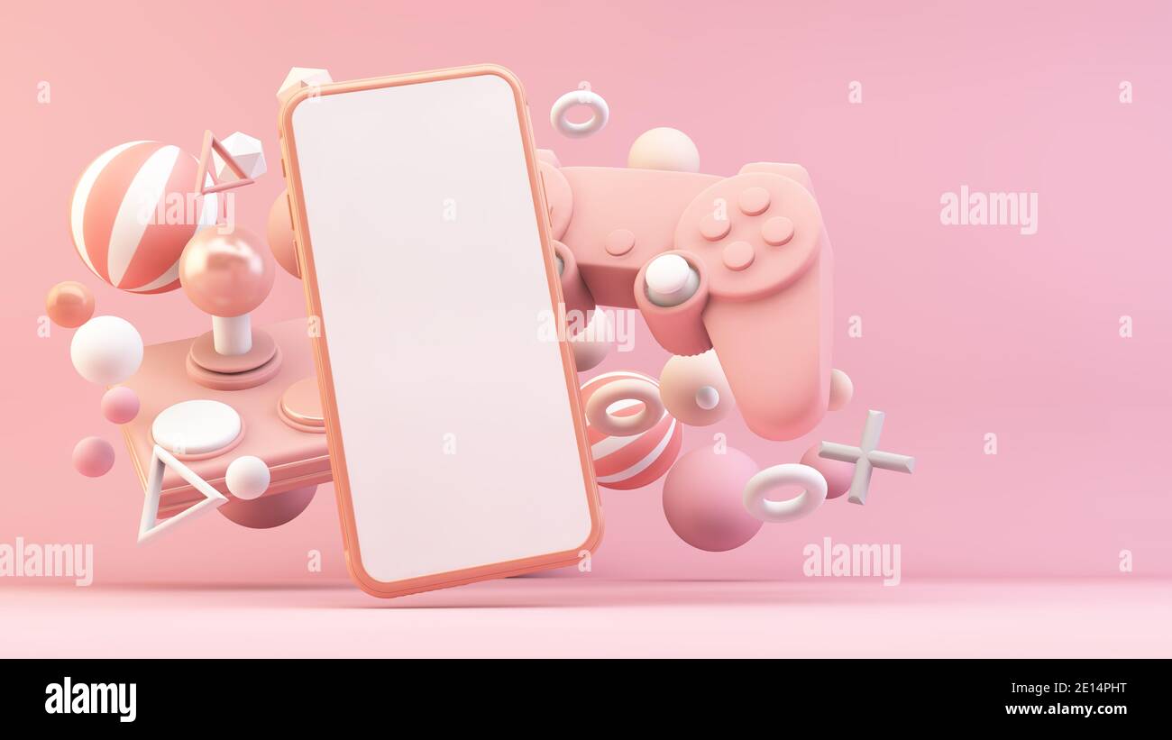 Téléphone mobile de jeu rose, maquette de rendu 3d Banque D'Images