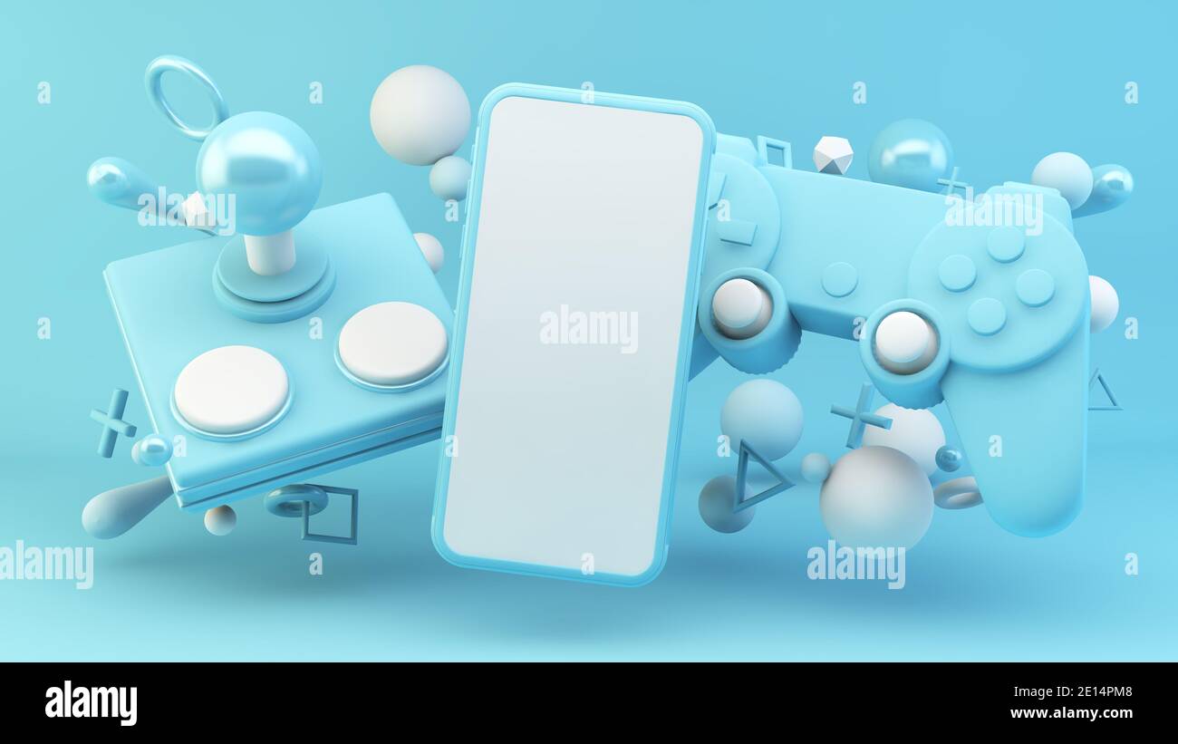 Écran mobile entouré d'éléments de jeu bleus 3d rendu mock haut Banque D'Images