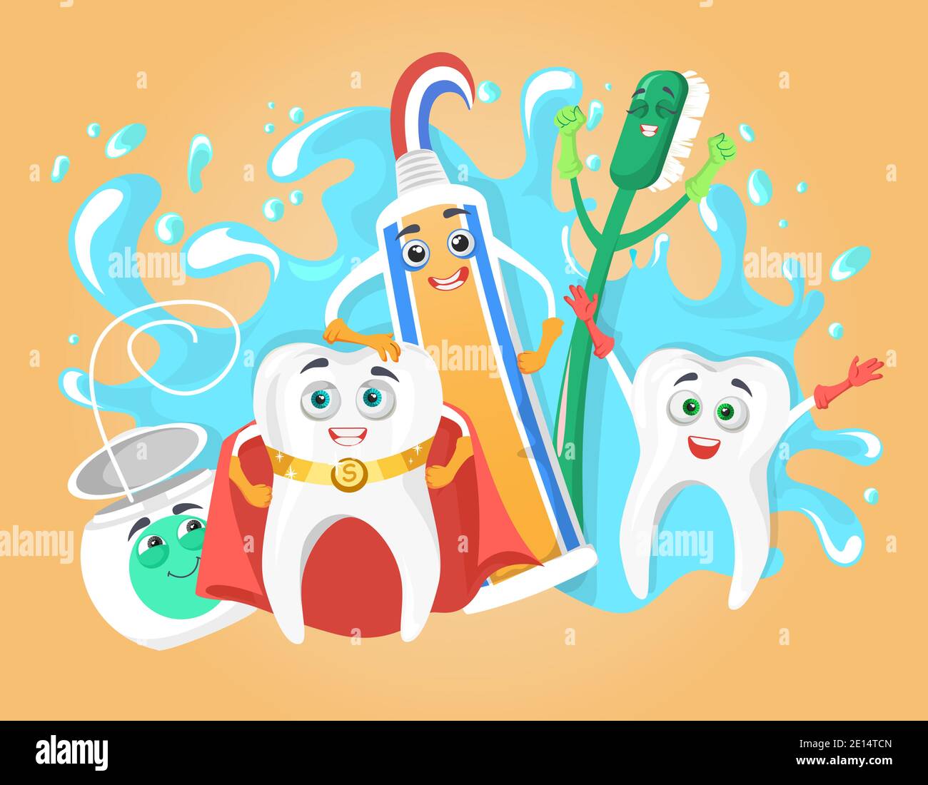 Dents, brosse à dents, dentifrice et soie dentaire heureux et en bonne santé avec visages humains, illustration vectorielle plate. Meilleurs amis. Illustration de Vecteur