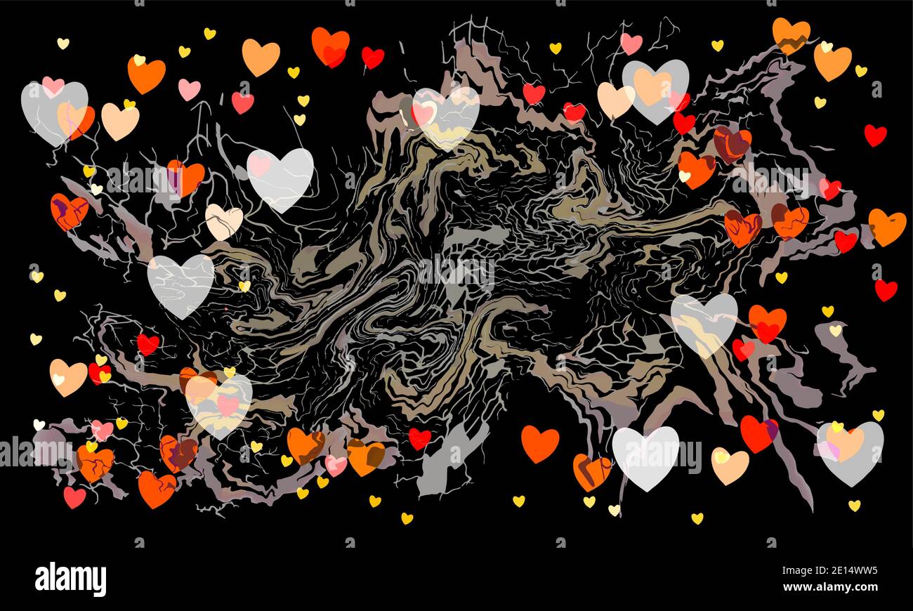 St Valentines jour fond sombre de grafficité avec des coeurs et des courbes isolés sur fond noir superposé eps10 illustration vectorielle. Illustration de Vecteur
