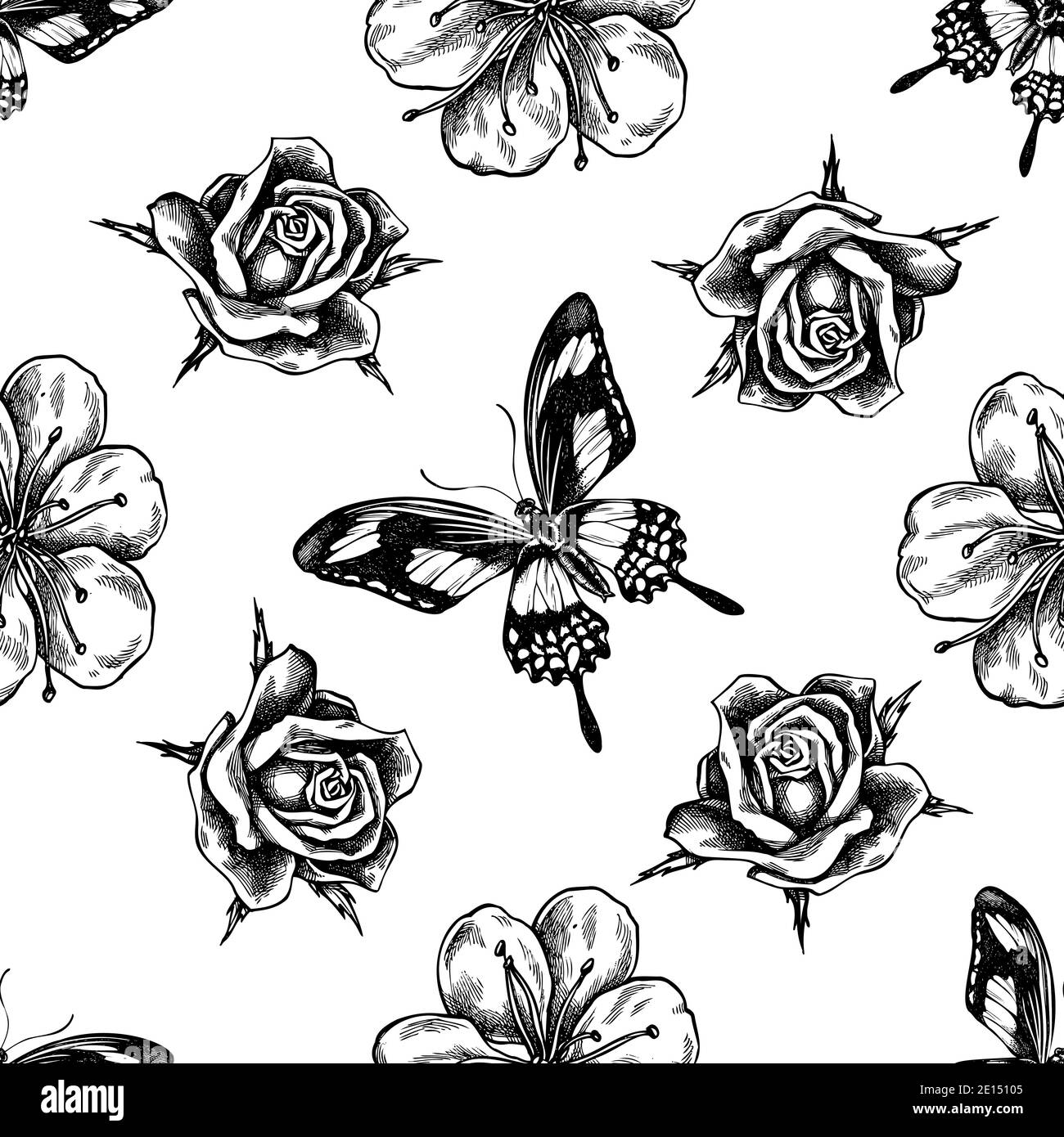 Motif sans couture avec sakura noir et blanc, papillio torquatus, roses Illustration de Vecteur