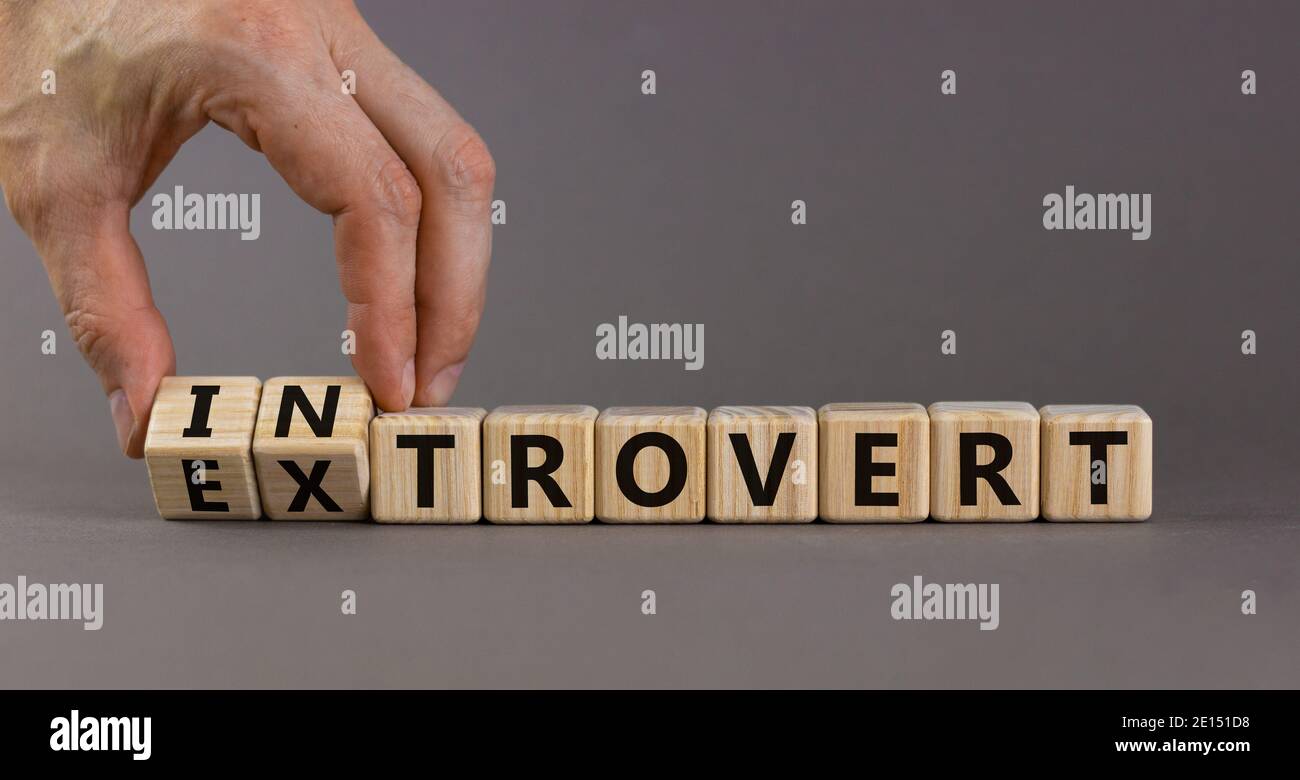 Symbole introvert ou extrovert. La main tourne les cubes et change le mot 'introvert' en 'extrovert'. Magnifique arrière-plan gris, espace de copie. Psychologique Banque D'Images