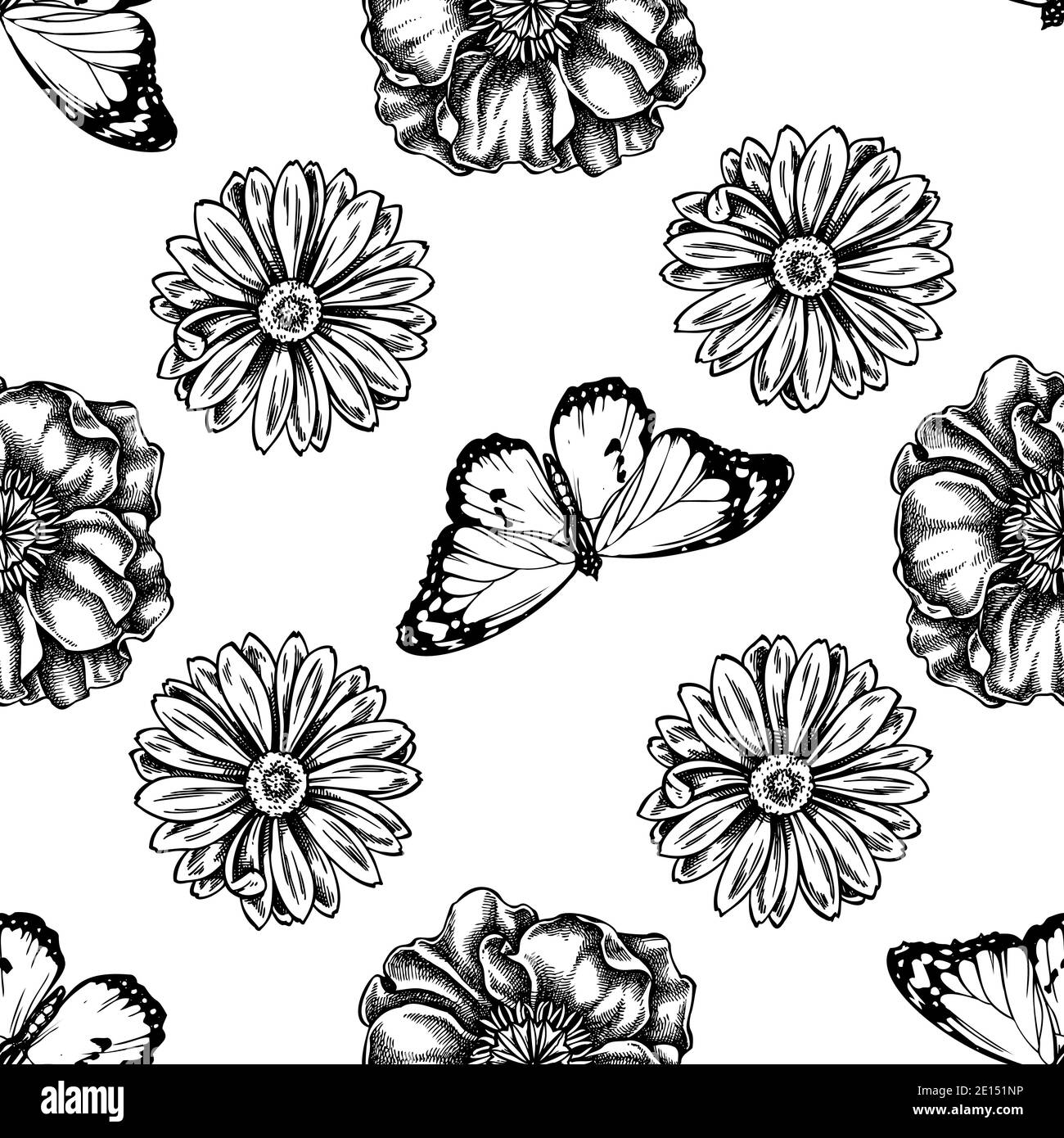 Motif sans couture avec fleur de pavot noire et blanche, calendula, tigre Uni Illustration de Vecteur